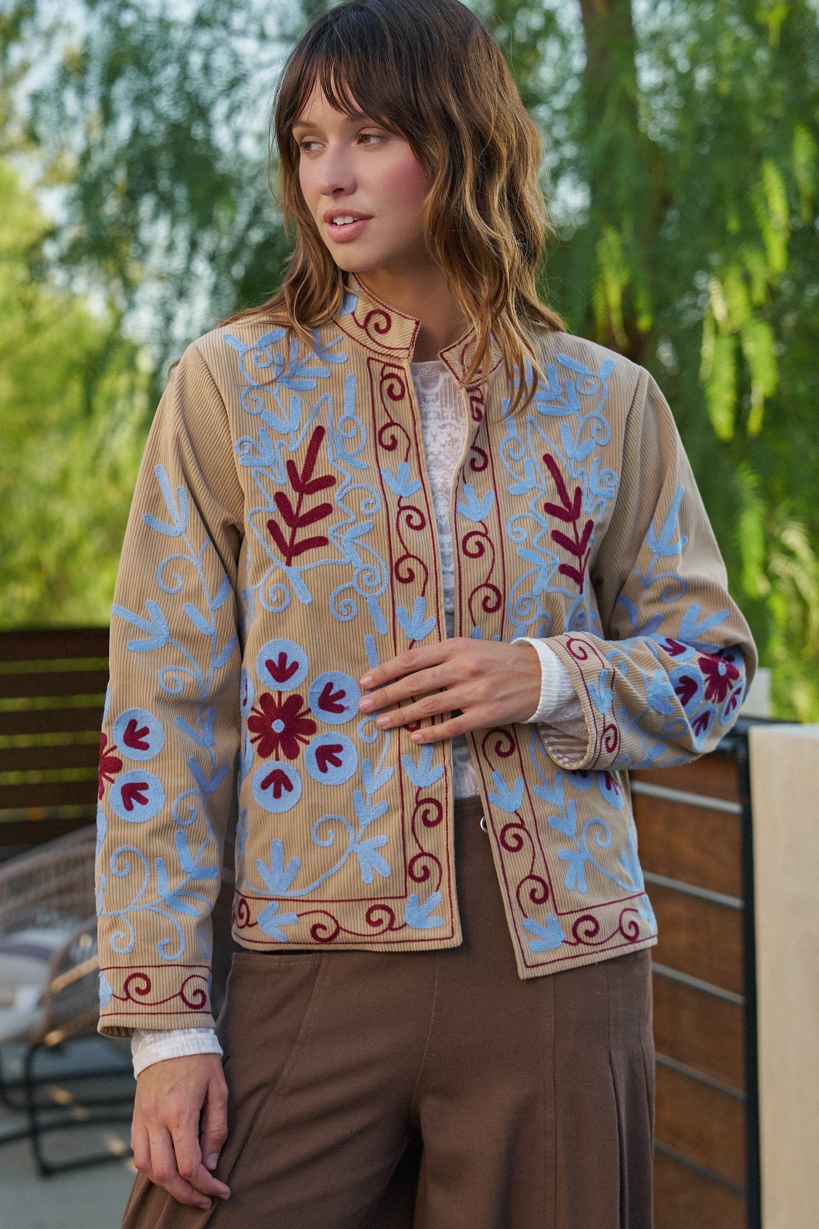 Embroidered Corduroy Jacket with Folk Floral Scroll in KHAKI - Women's Jackets & Blazers | Urban Daizy
