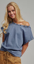 Grommet Trim Washed Cotton Boat Neck Top in VINTAGE NAVY - Women's T-Shirts & Polos | Urban Daizy