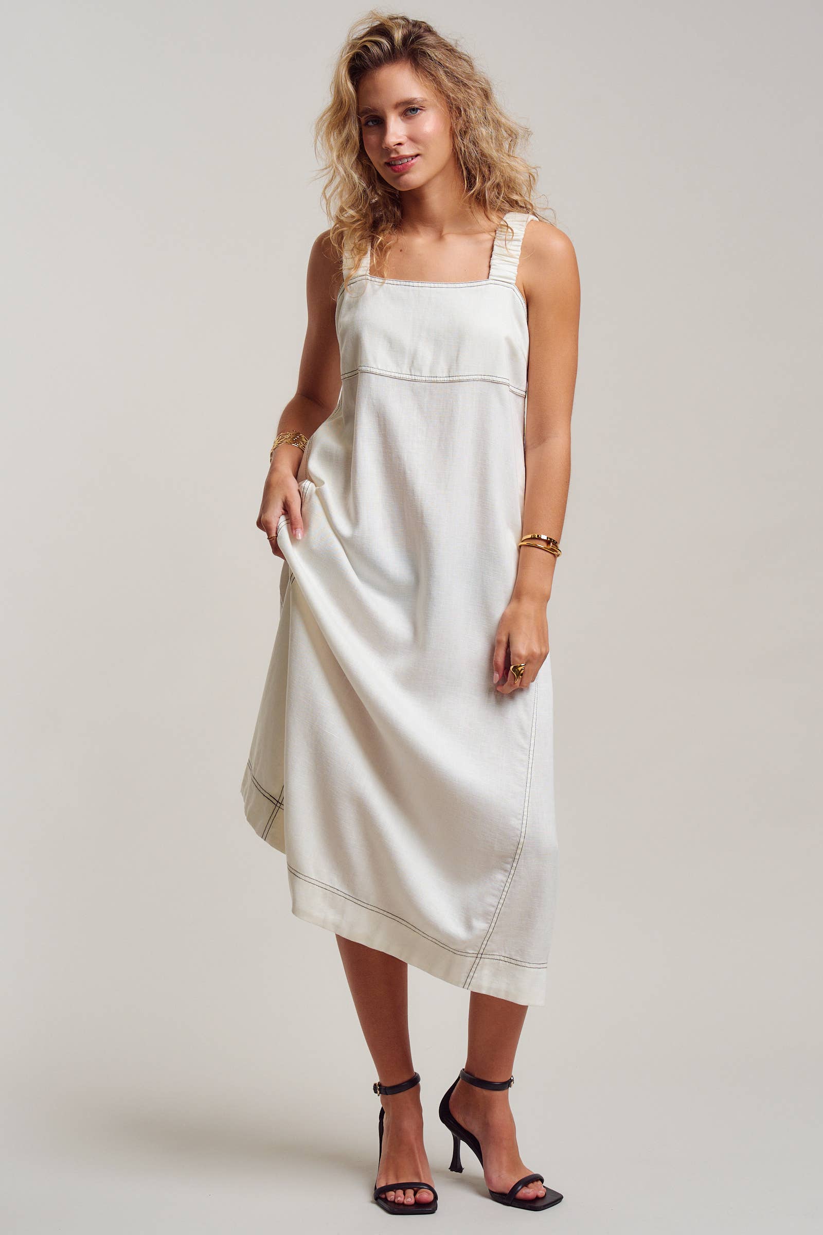 Contrast Stitch Square Neck Tencel Linen Midi Dress