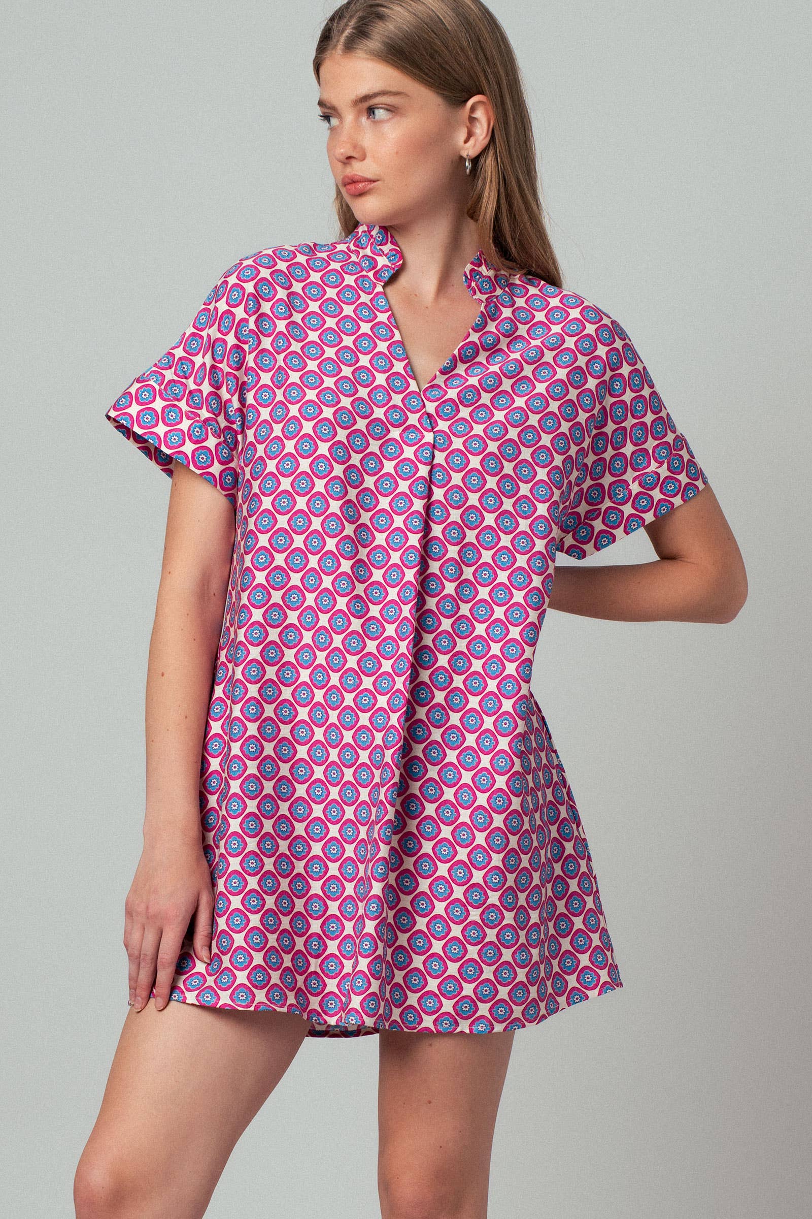 Retro Geometric Print Stand Collar Mini Dress