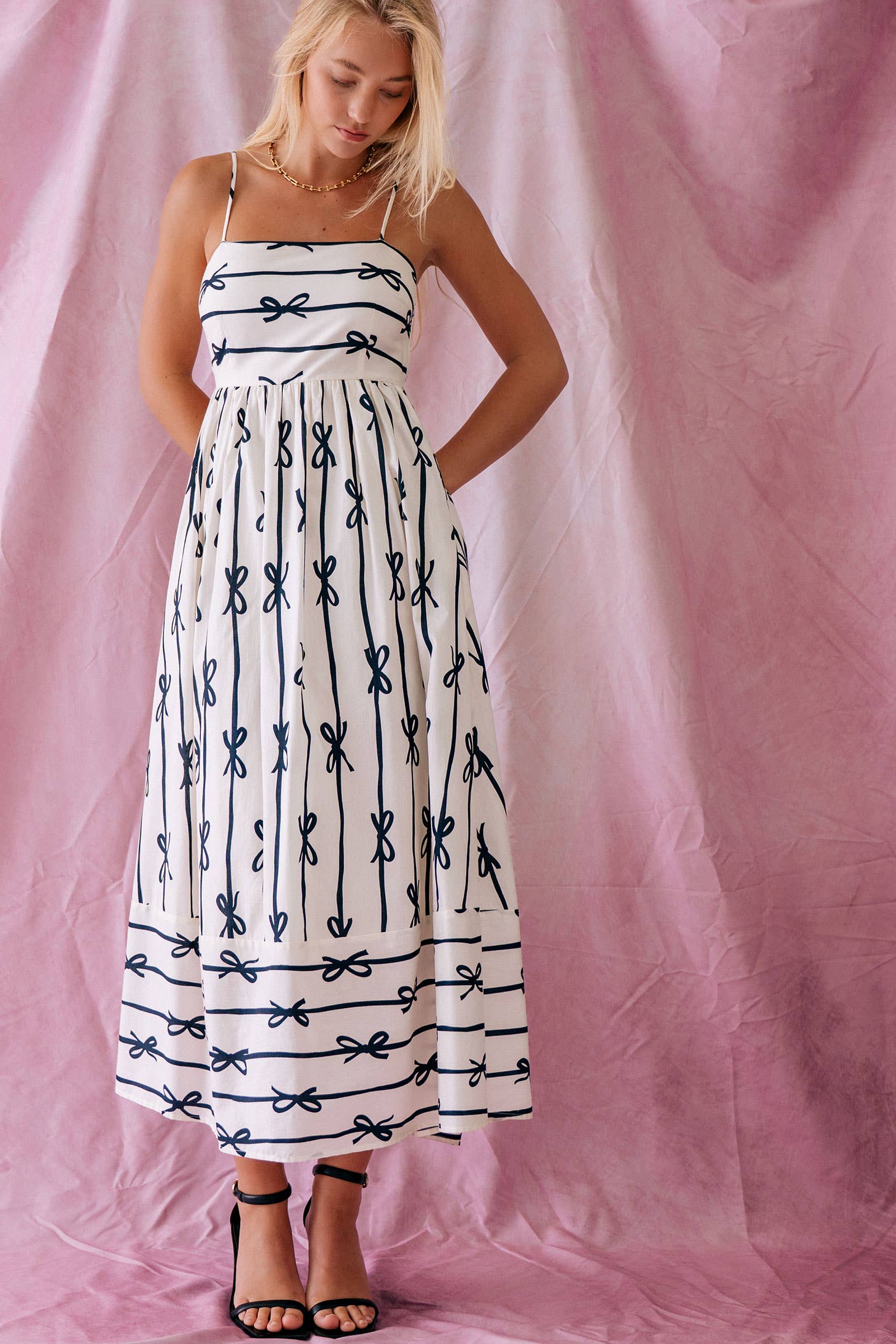 Sweet Ribbon Stripe Bow Print Smocked Back Maxi Dress