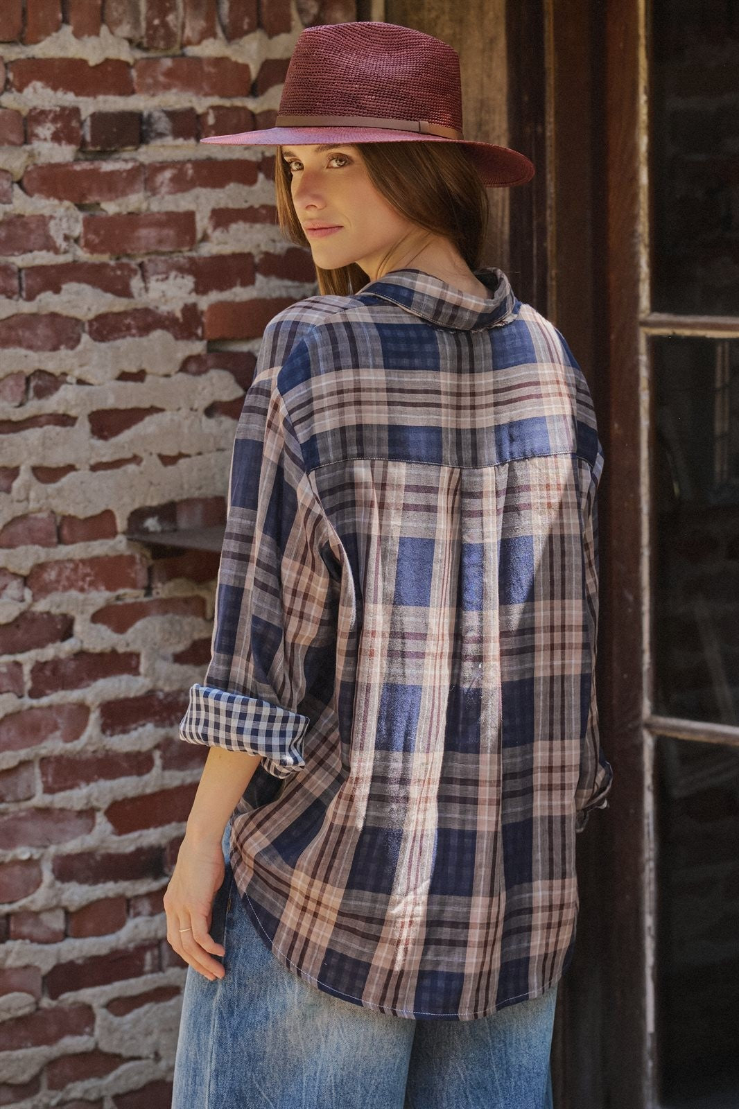 Oversized Plaid Cotton Button-Down Shirt in NAVY - Women's Shirts & Blouses | Urban Daizy