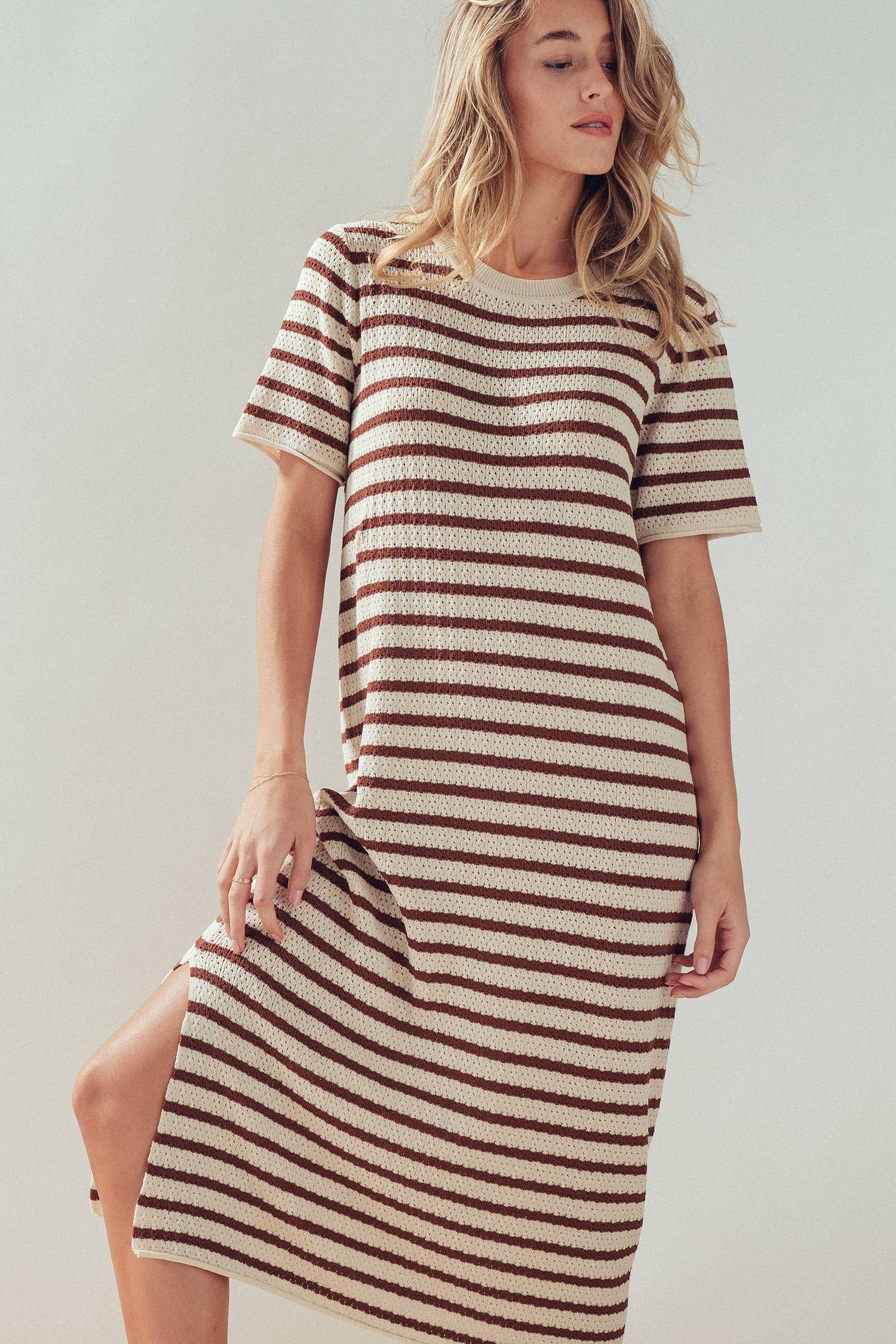 Striped Crochet Knit Short Sleeve Midi Dress