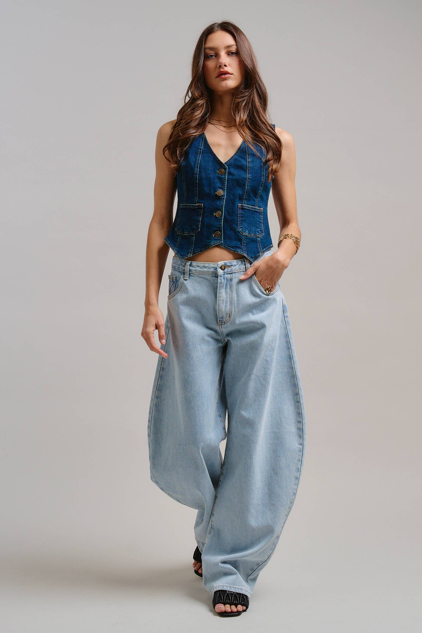 Fitted V-Neck Button-Front Denim Vest