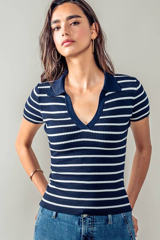 Urban Daizy Ribbed Stripe V-Neck Knit Top Ivory Knit Top - Women's (UDZ-TP-00562) – alternate view 10