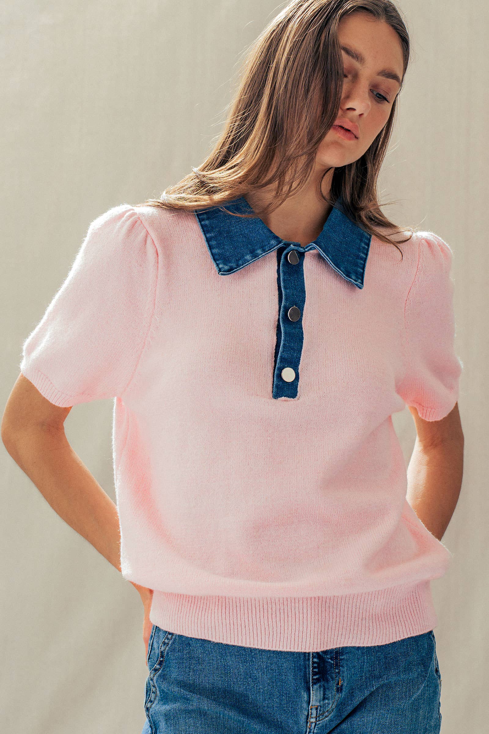 Contrast Denim Collar Knit Sweater Top