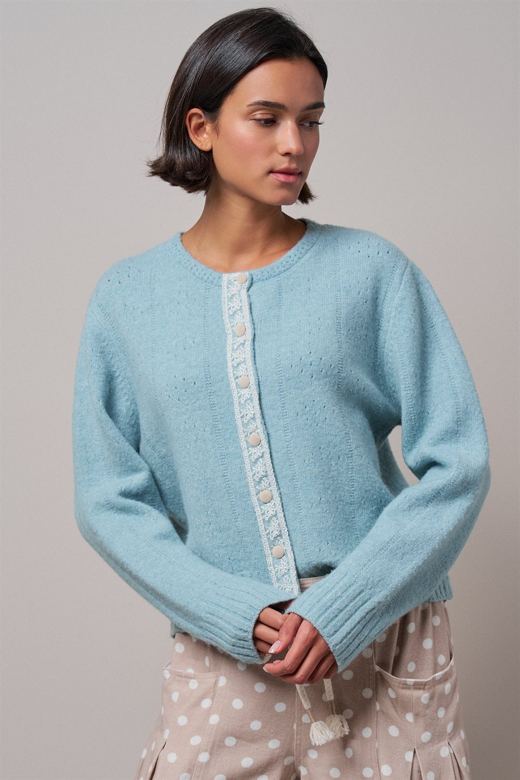 Elegant Wool Blend Cardigan with Lace Trim Detail in PASTEL BLUE - Women's Cardigans & Shrugs | Urban Daizy