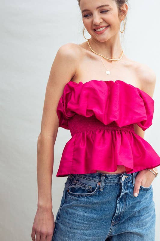 Urban Daizy Strapless Ruffle Smocked Waist Silky Peplum Top Black Blouse - Women's (UDZ-TP-00566) – alternate view 8
