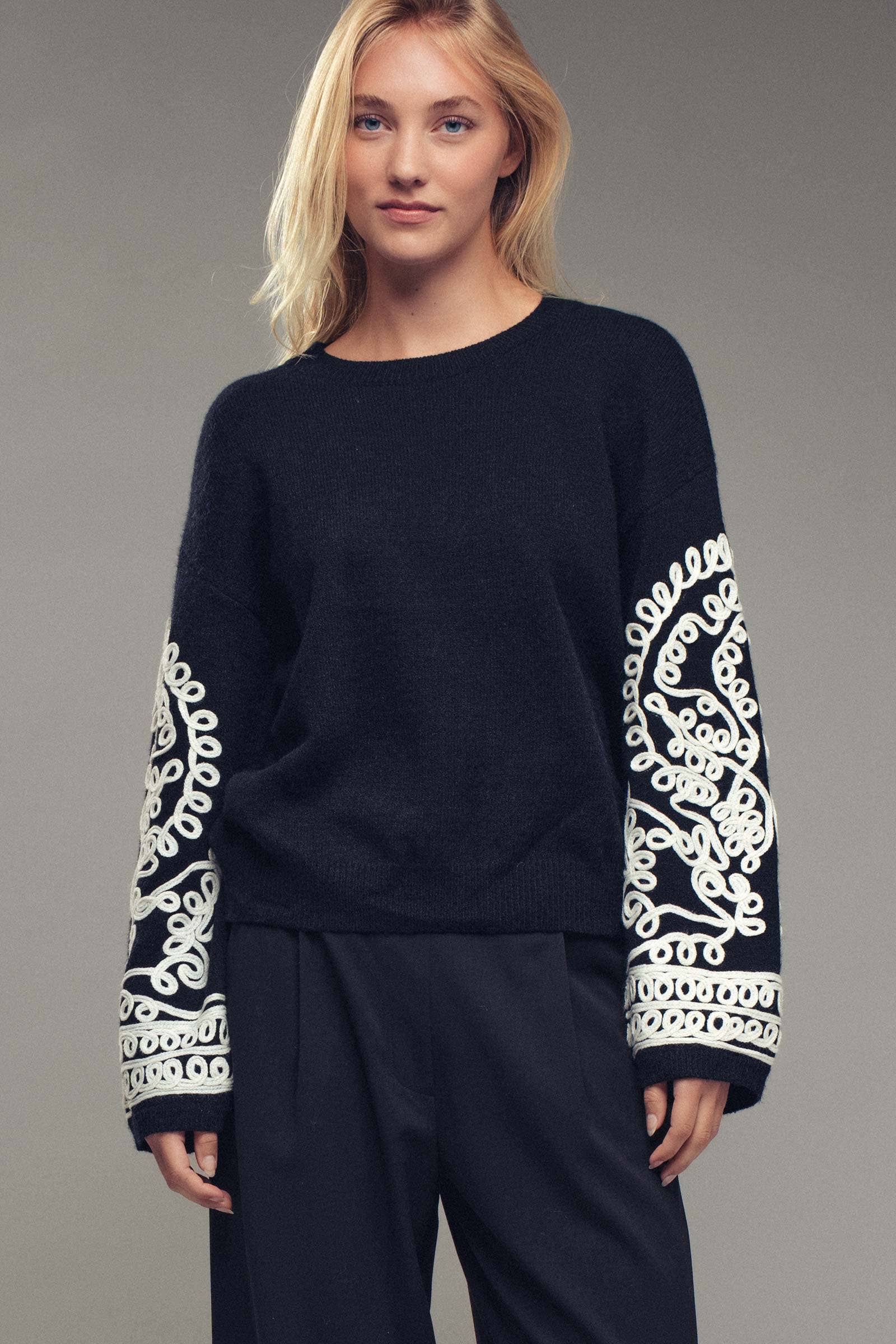 Urban Daizy Embroidered Sleeve Ivory Knit Sweater Ivory-Black Knit Sweater - Women's (UDZ-KN-00654) – alternate view 19