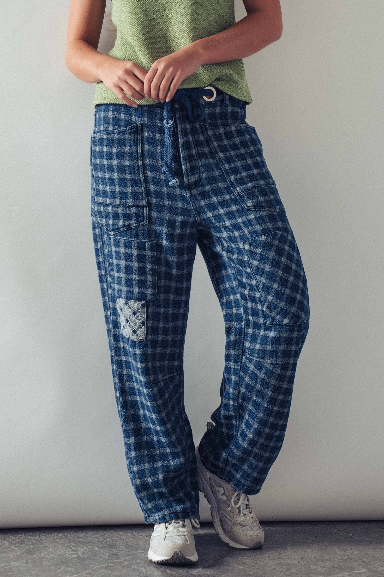 Checkered Vintage Wash Denim Pants