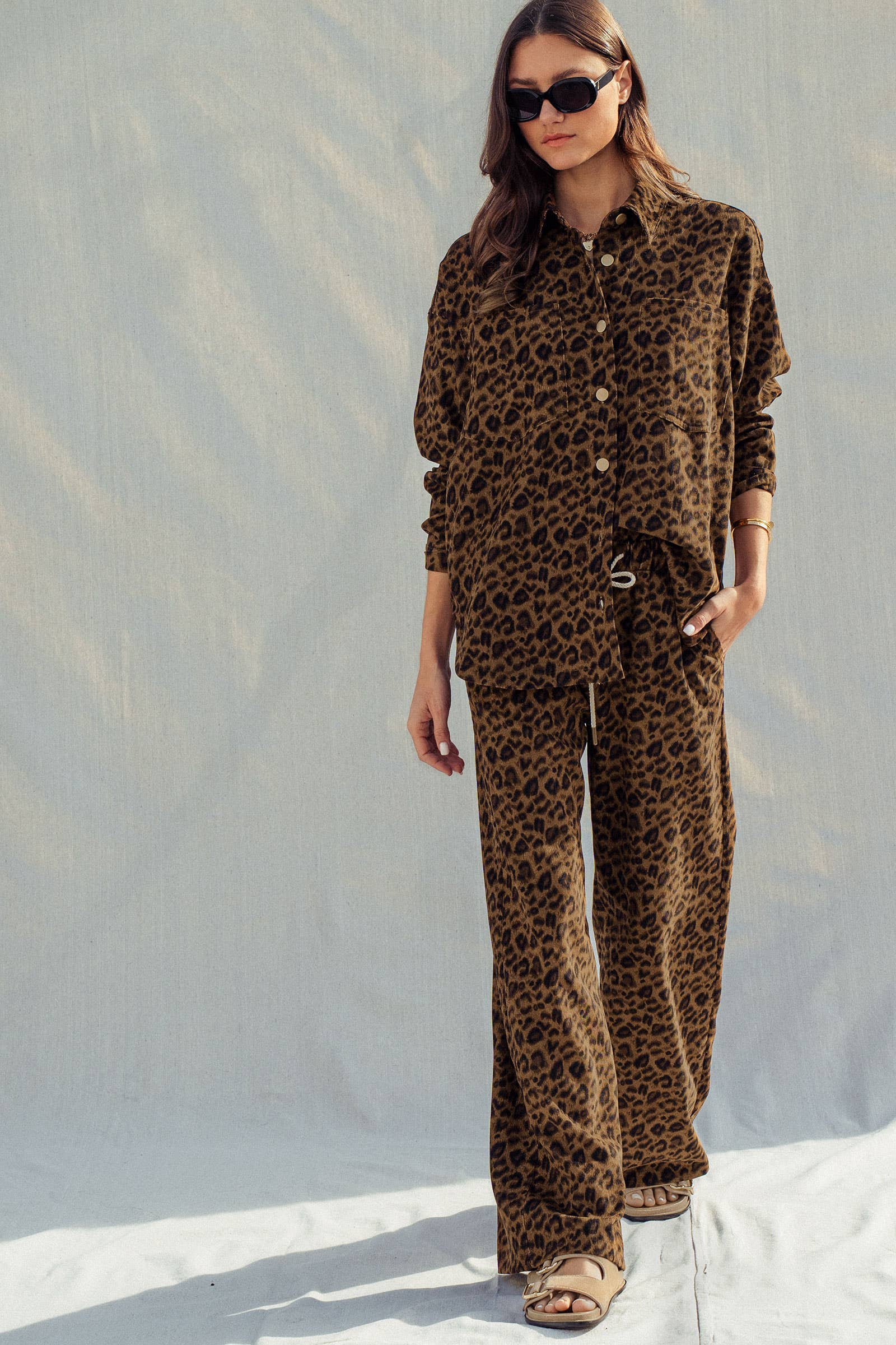 Urban Daizy Leopard Print Set–Oversized Button-Up Shirt & Relaxed Pants Leopard Lounge Set - Women's (UDZ-AC-00201) – alternate view 3