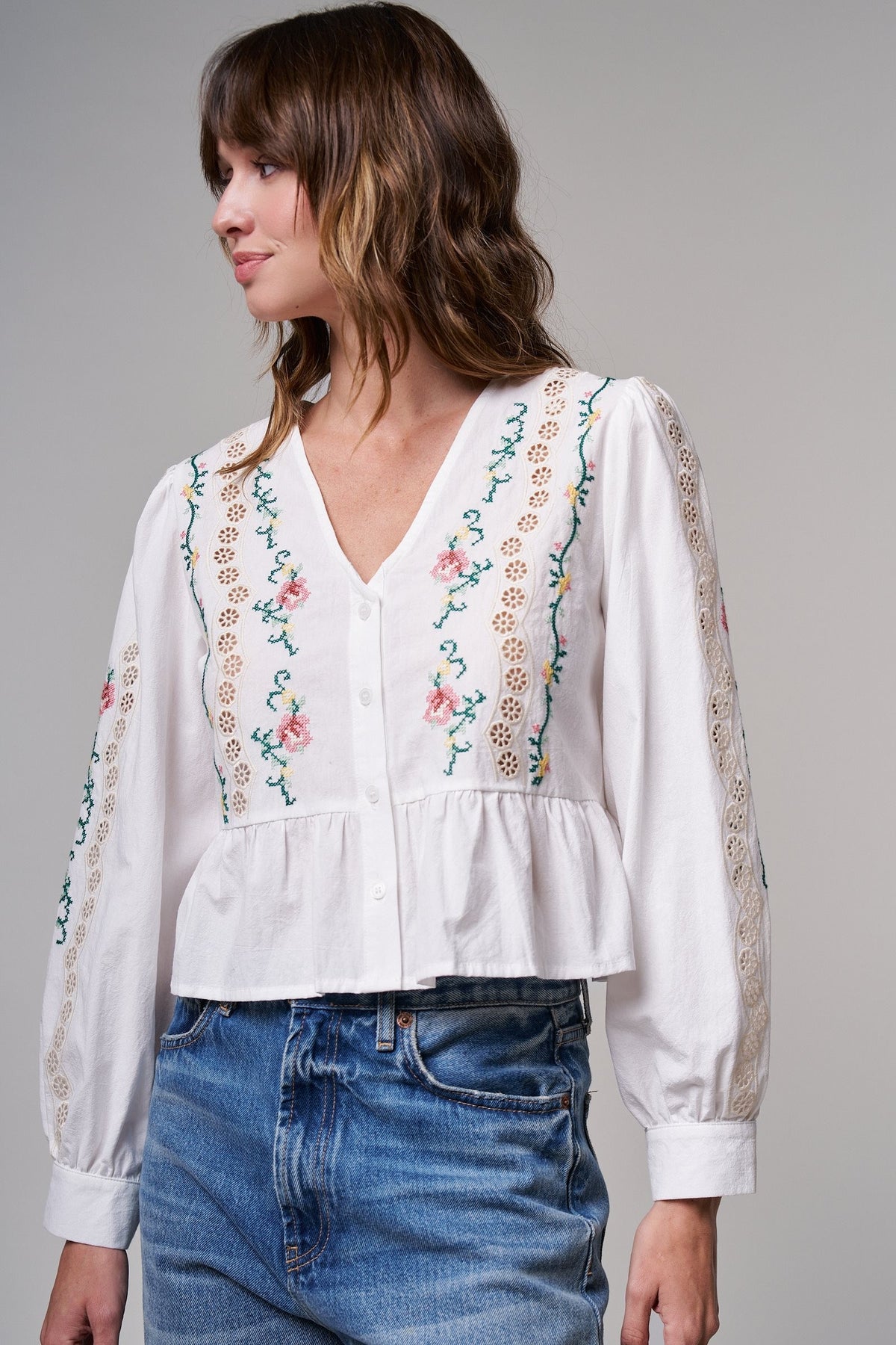 Folk Song Embroidered Peplum Blouse in WHITE - Women's Shirts & Blouses | Urban Daizy