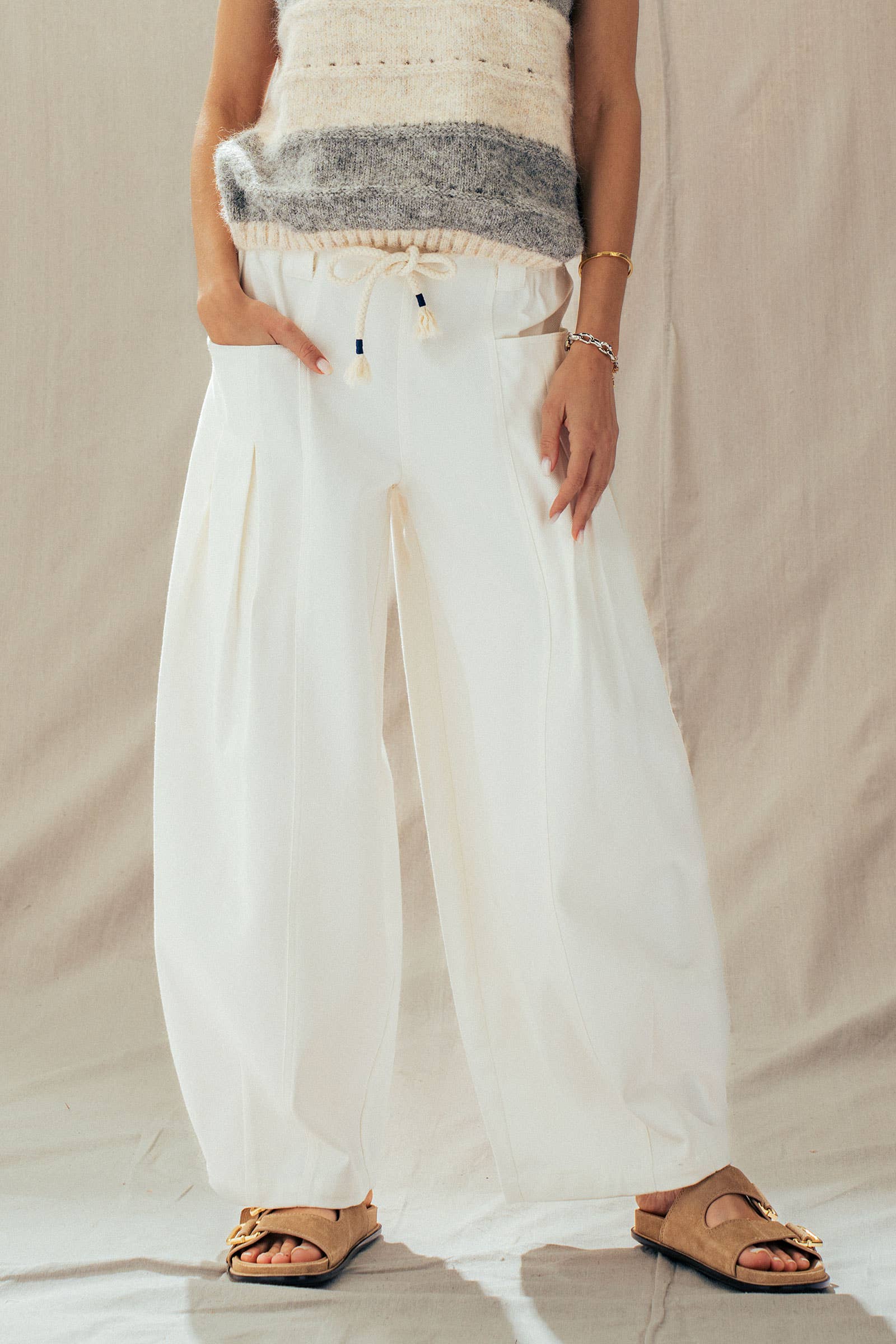 Urban Daizy Rope Drawstring Balloon Pants Pleated Front Brown-Stripe Pants - Women's (UDZ-PT-00481) – alternate view 28