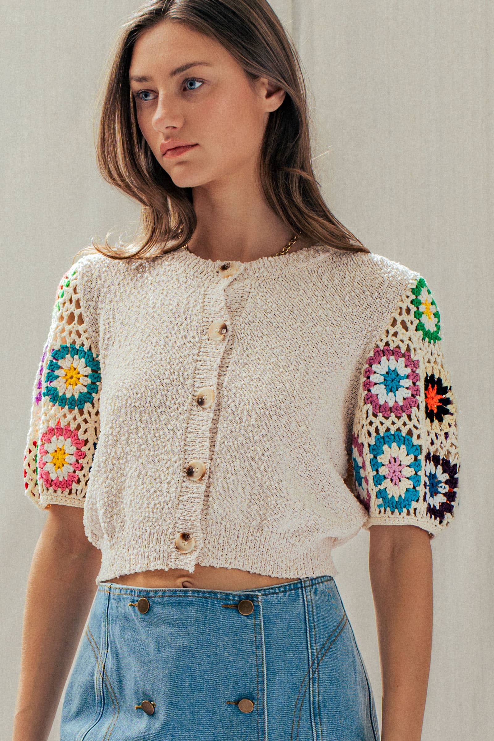 Granny Square Crochet Sleeve Knit Button Cardigan