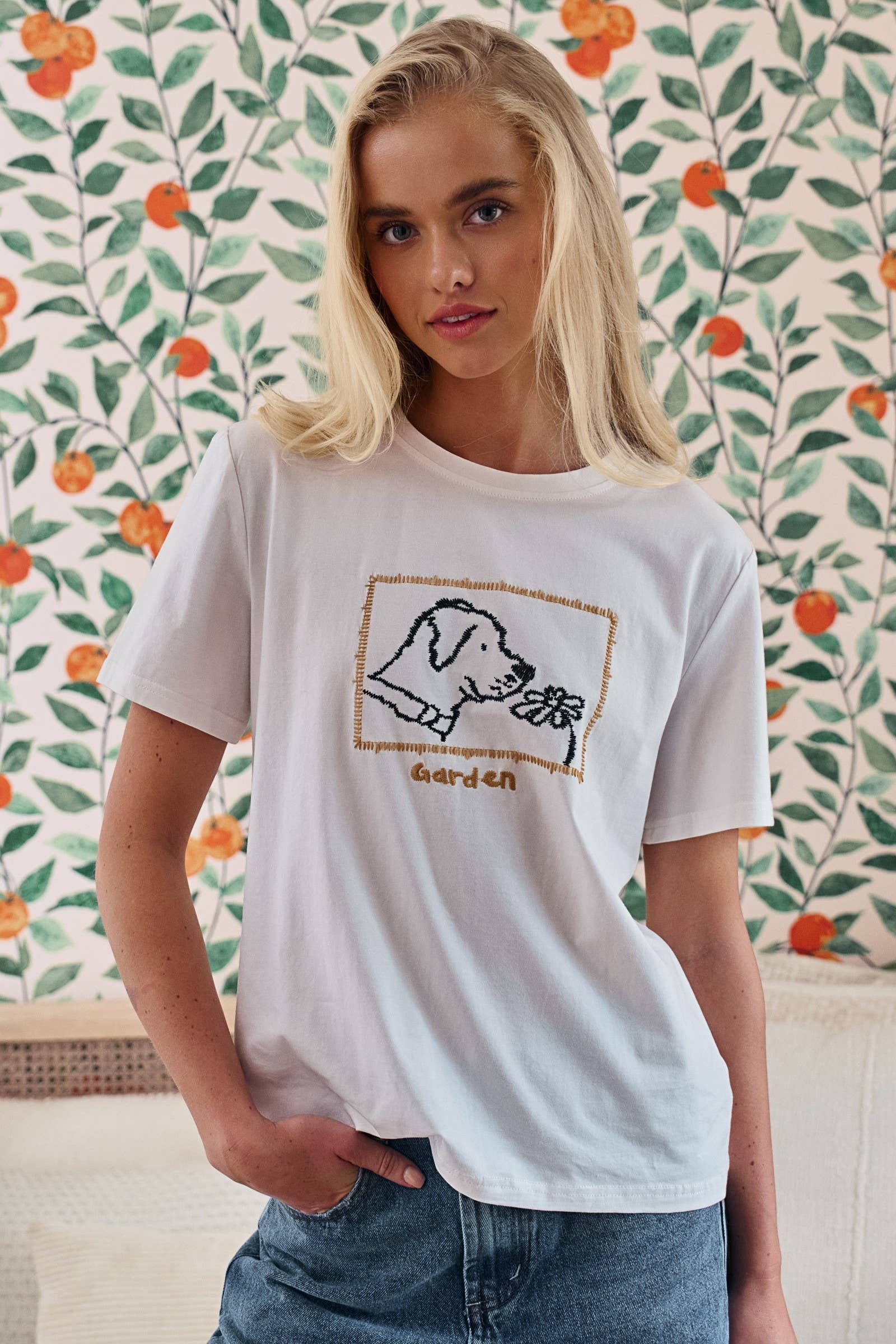 Whimsical Dog & Daisy Embroidered Cotton Tee