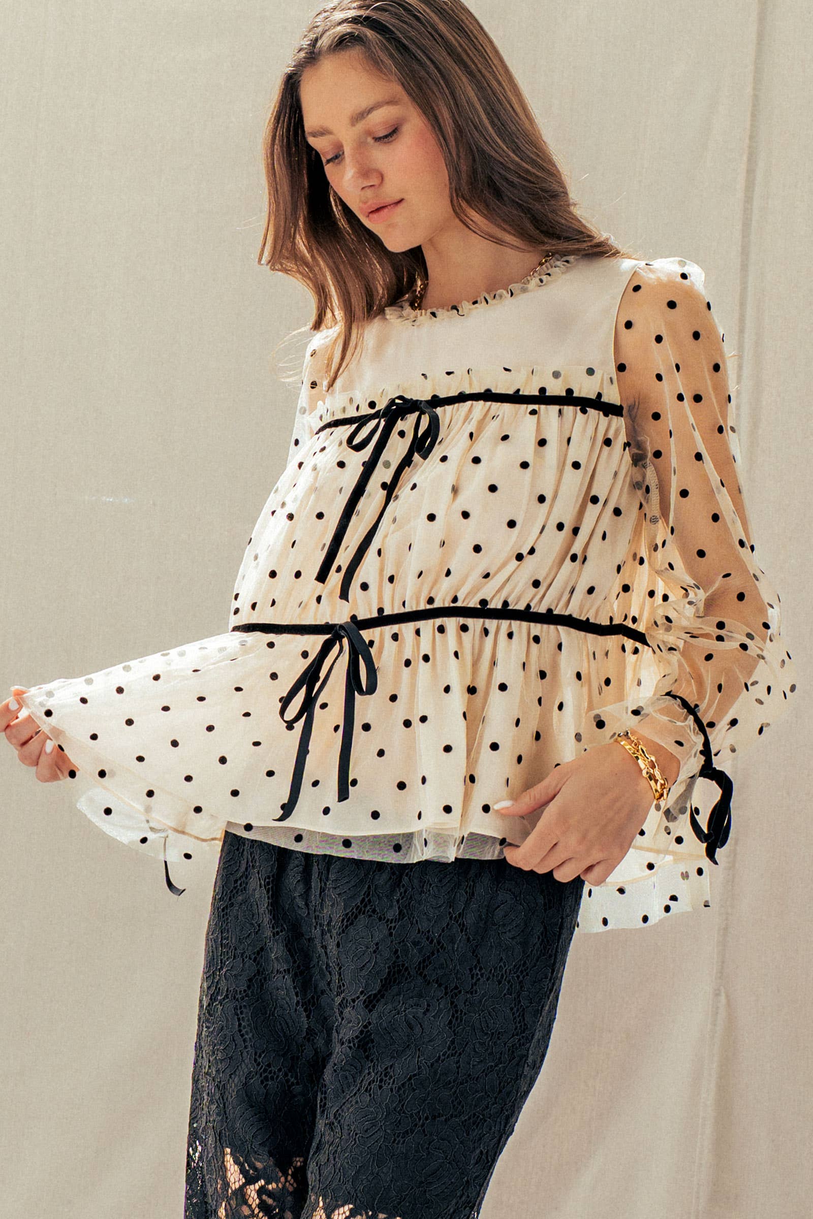 Urban Daizy Polka Dot Mesh Babydoll Top Velvet Bow Tie Ivory-Black Blouse - Women's (UDZ-TP-01052) – alternate view 7