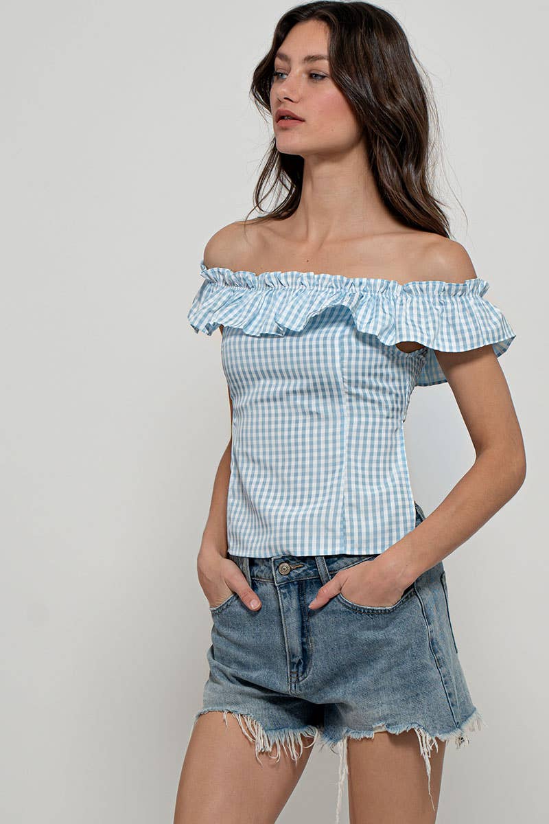 Urban Daizy Gingham Ruffle Off-Shoulder Crop Top Pink Blouse - Women's (UDZ-TP-01034) – alternate view 18