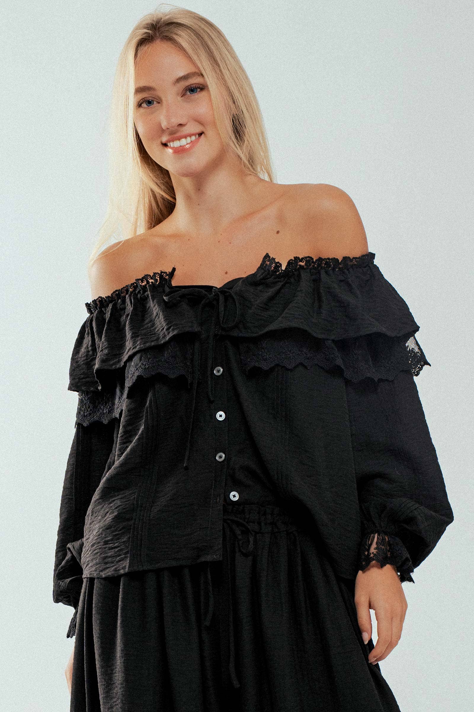 Lace Trim Ruffle Tie Neck Spring Blouse Top