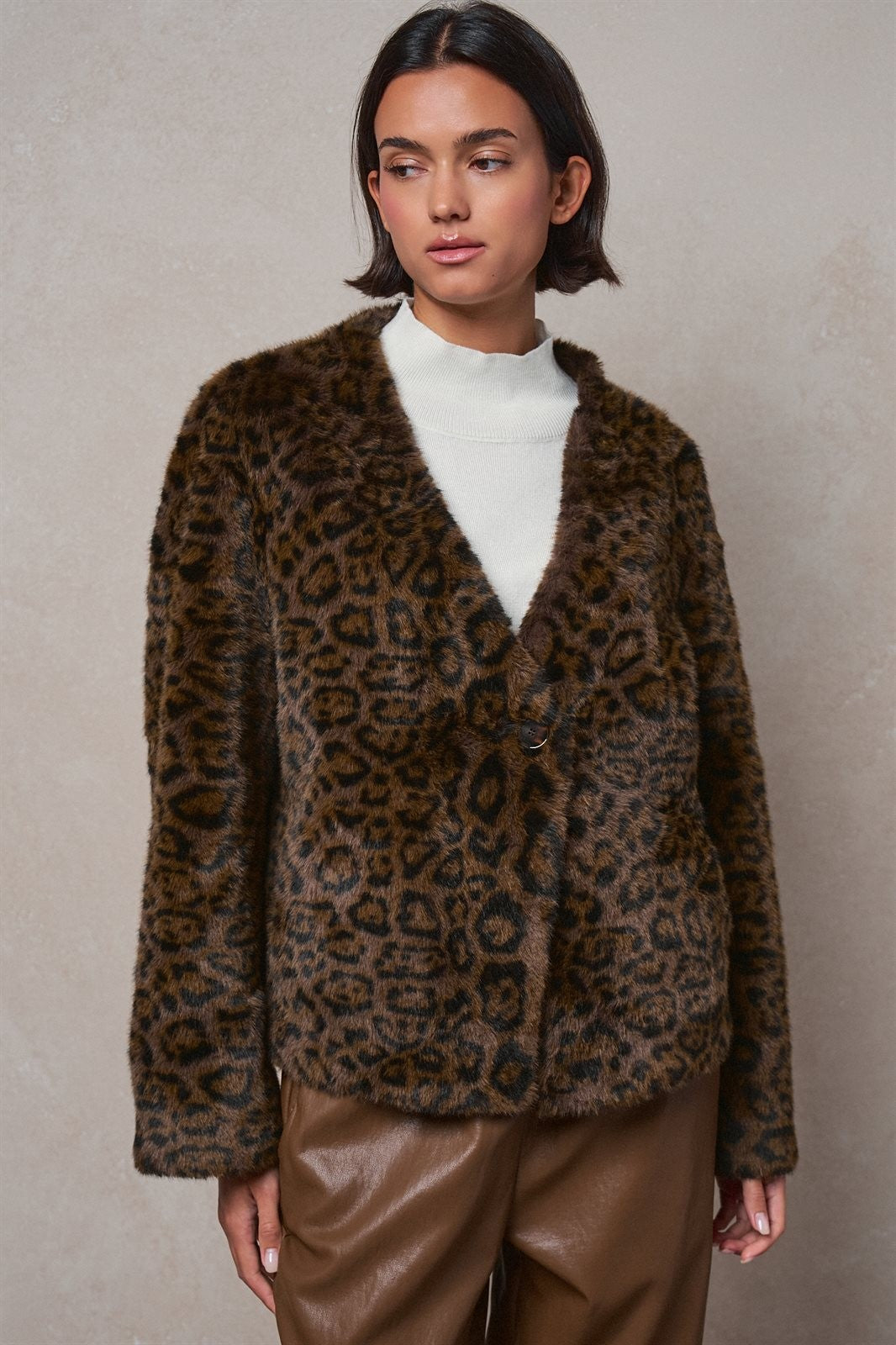 Leopard Print Faux Fur V-Neck Jacket in BROWN - Women's Jackets & Blazers | Urban Daizy