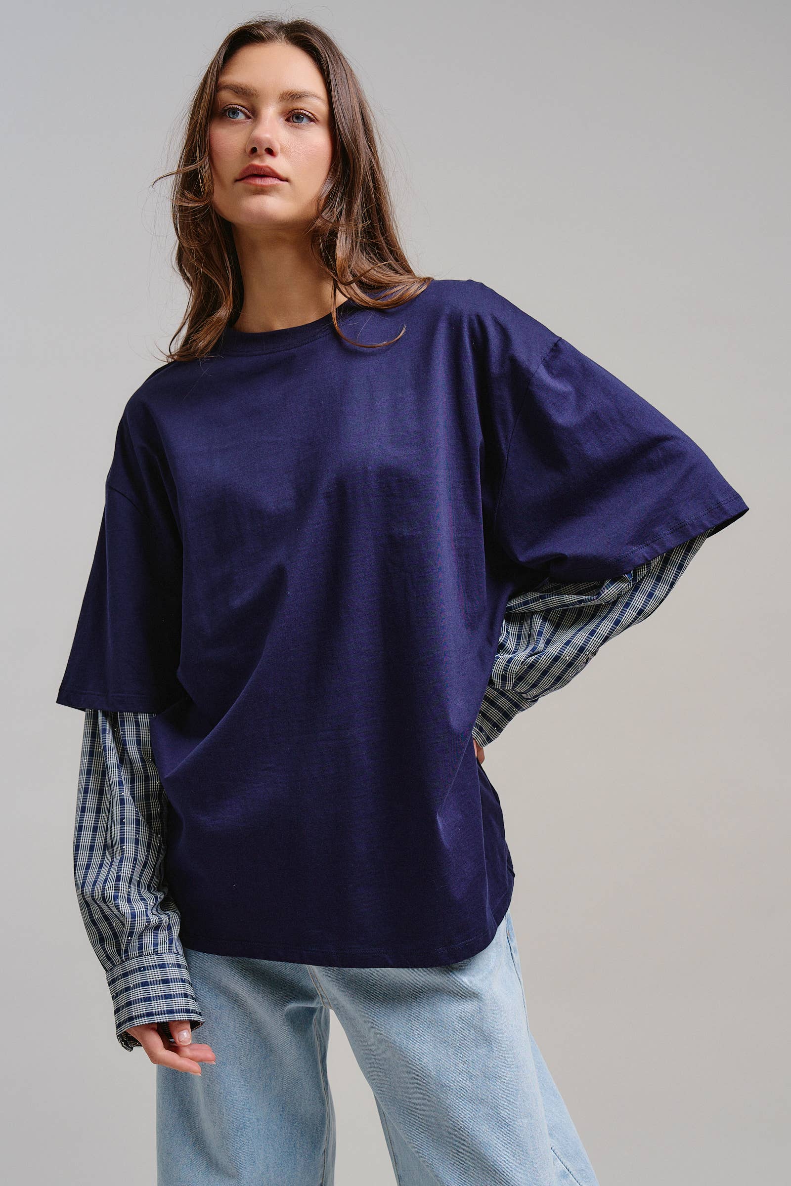 Urban Daizy Oversized Faux Layered Mixed Media Shirt Red Tunic - Women's (UDTP1445-Red) – alternate view 8