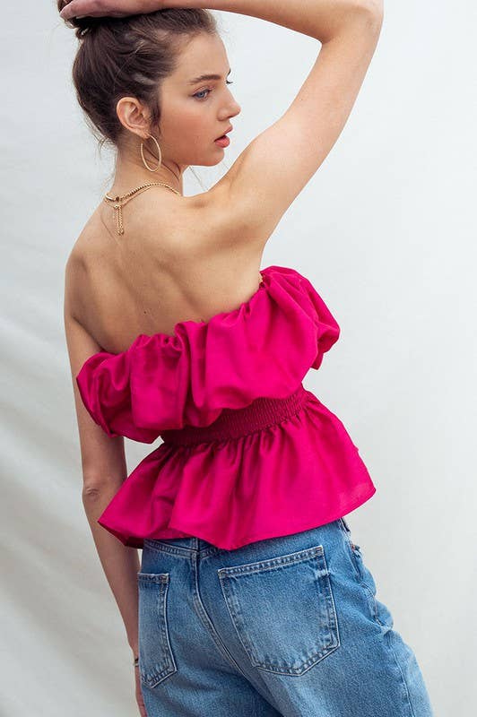 Urban Daizy Strapless Ruffle Smocked Waist Silky Peplum Top Black Blouse - Women's (UDZ-TP-00566) – alternate view 13