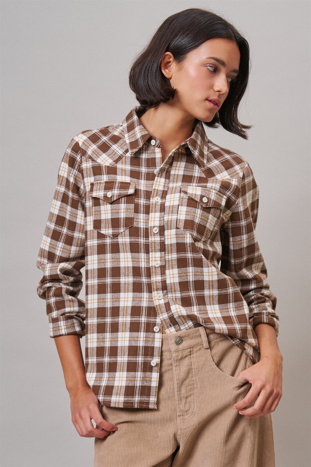 Buffalo Plaid Cropped Flannel Button Down Shirt