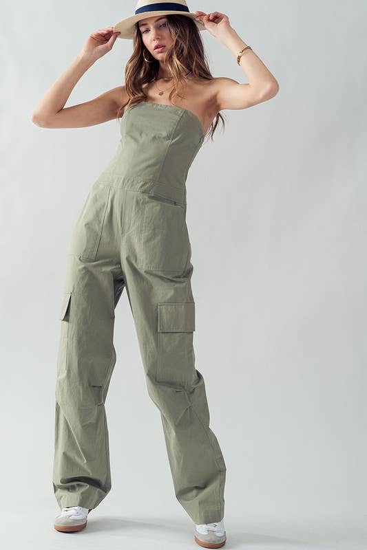 Urban Daizy Strapless Wide Leg Cargo Pocket Artisanal Jumpsuit Moss Jumpsuit - Women's (UDZ-JR-00002) – alternate view 5