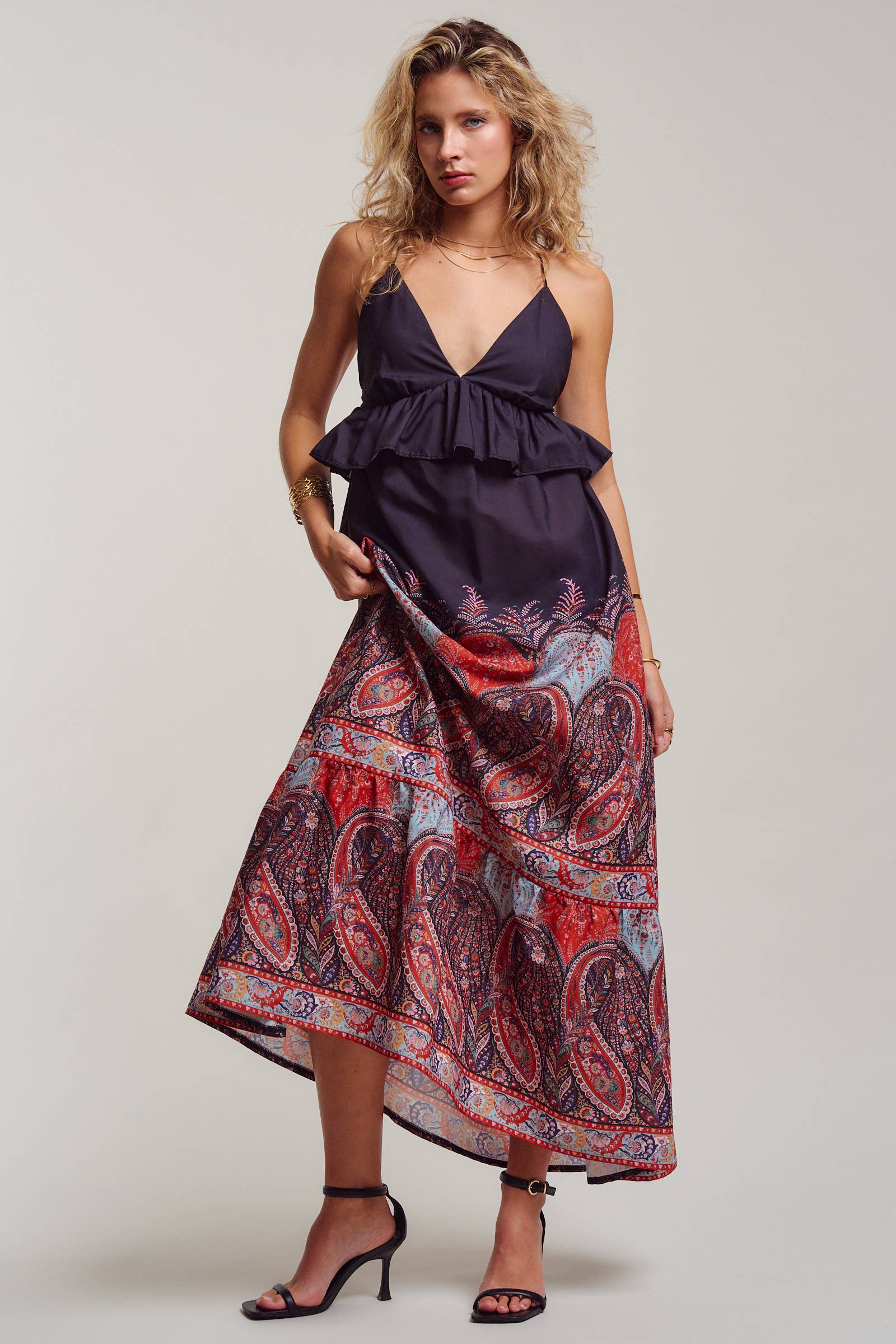 Urban Daizy Paisley Border Print Ruffle Overlay Maxi Dress Black Dress - Women's (UDDR0351-Black) – alternate view 9