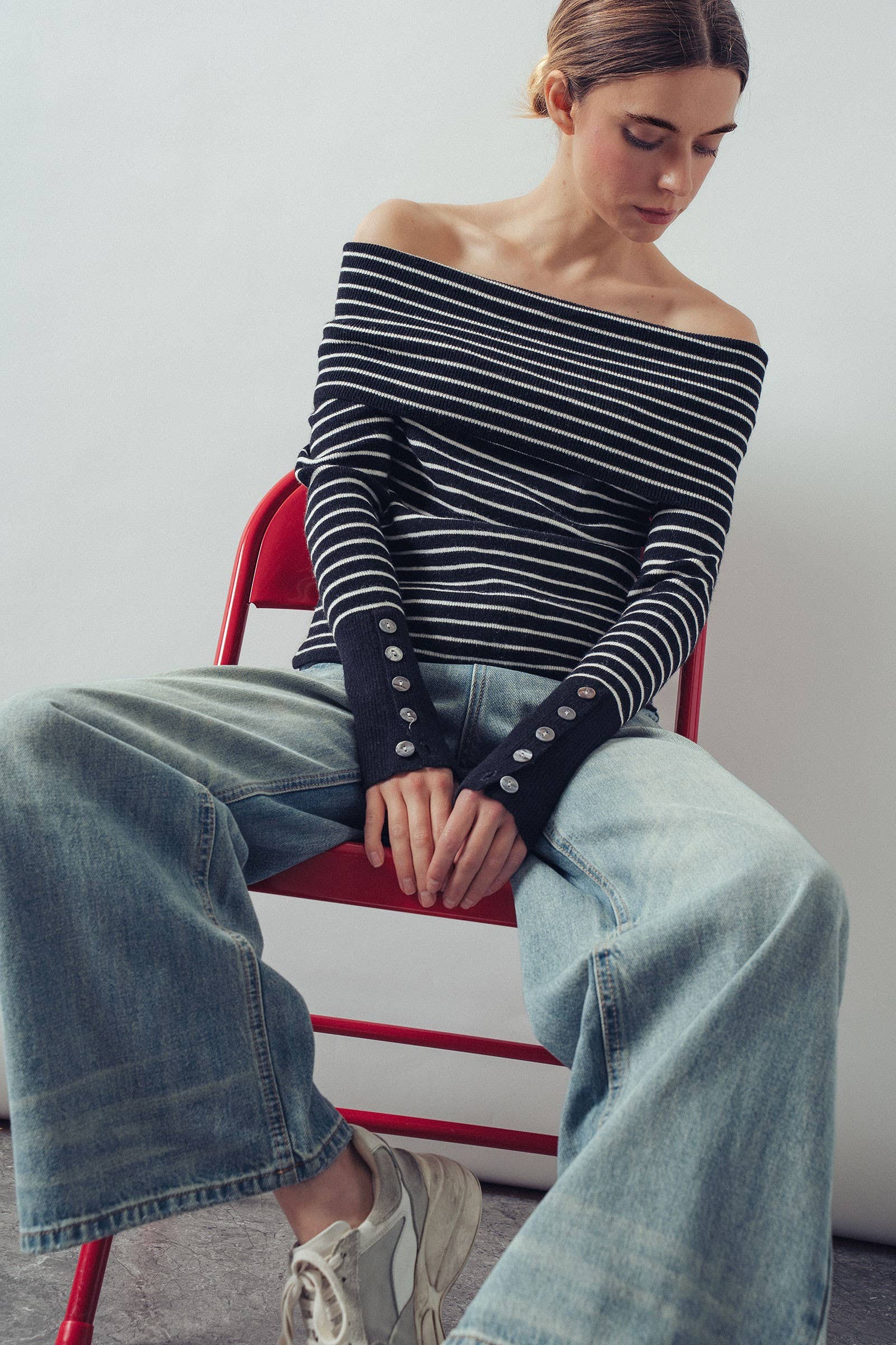 Off-Shoulder Striped Knit Top