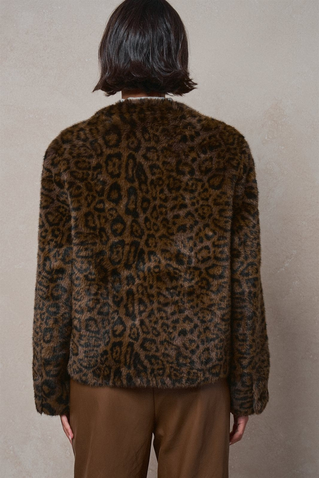 Leopard Print Faux Fur V-Neck Jacket in BROWN - Women's Jackets & Blazers | Urban Daizy