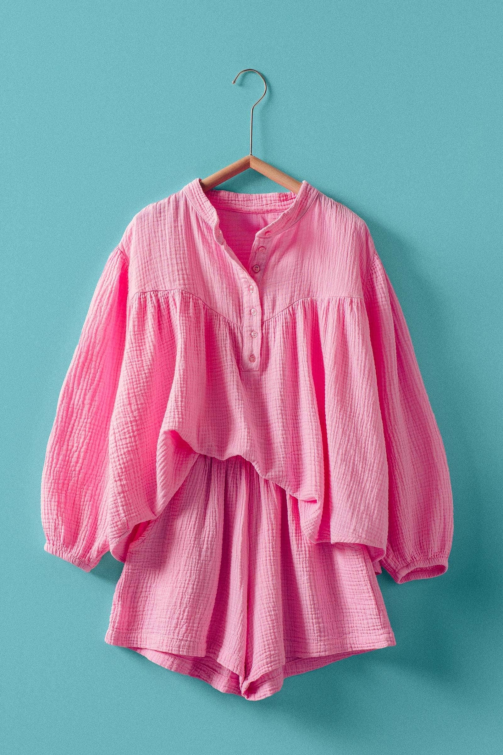 Garment Dyed Cotton Gauze Button Down Top And Shorts Set