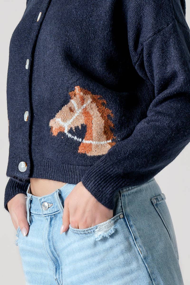 Western Horse Graphic Button Front Cropped Cardigan Sweater