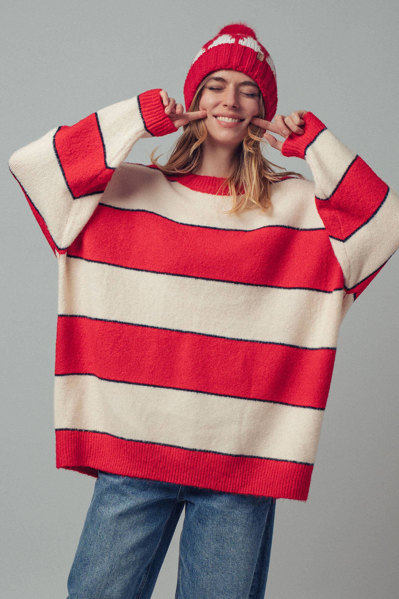 Urban Daizy Oversized Rugby Stripe Knit Sweater Red Tunic Sweater - Women's (UDZ-KN-00657) – alternate view 2