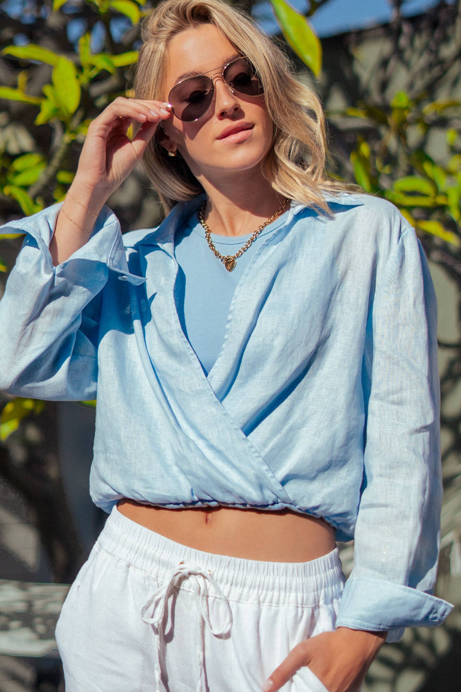 Collared Linen Wrap Crop Top
