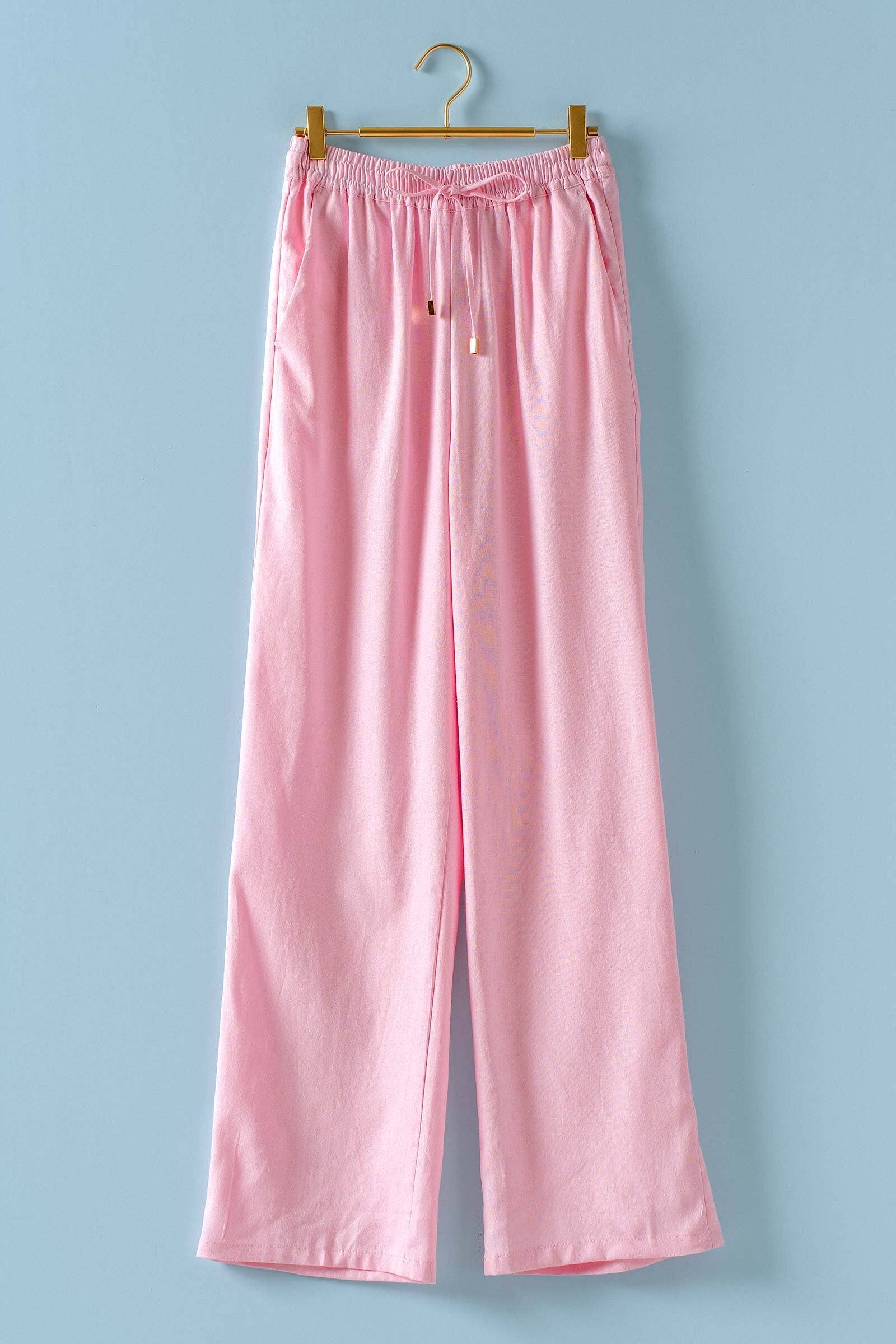 Linen Blend Wide Leg Pants Drawstring Waist