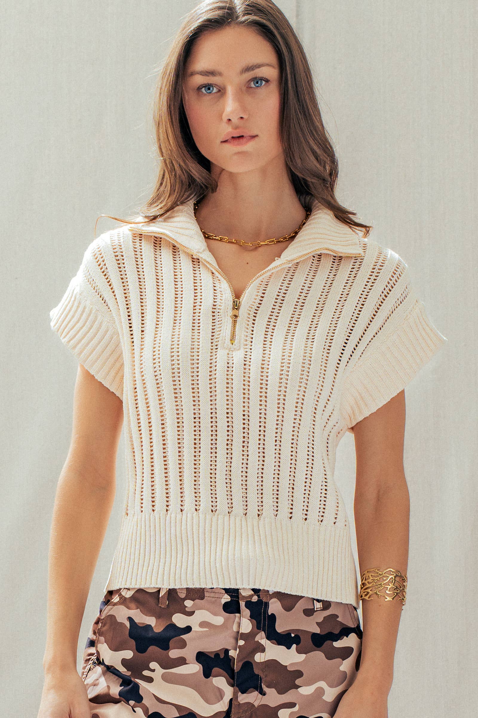 Ribbed Knit Half-Zip Mock Neck Sweater Vest