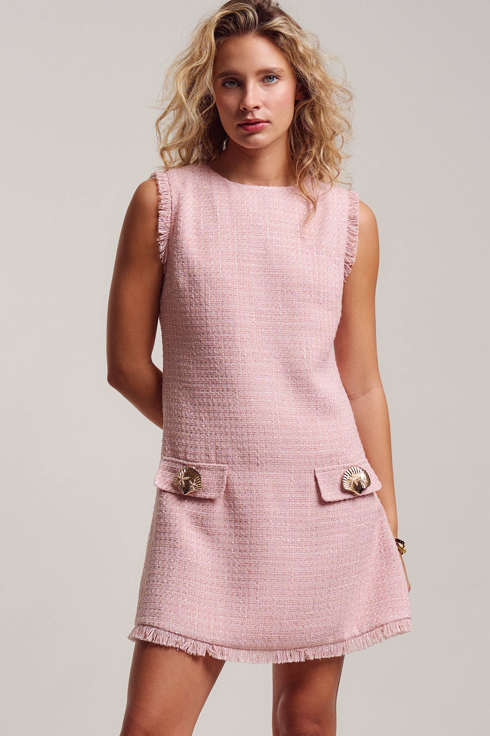 Urban Daizy Pink Tweed Shell Button Fringe Mini Dress Pink Dress - Women's (UDDR0350-Pink) – alternate view 2