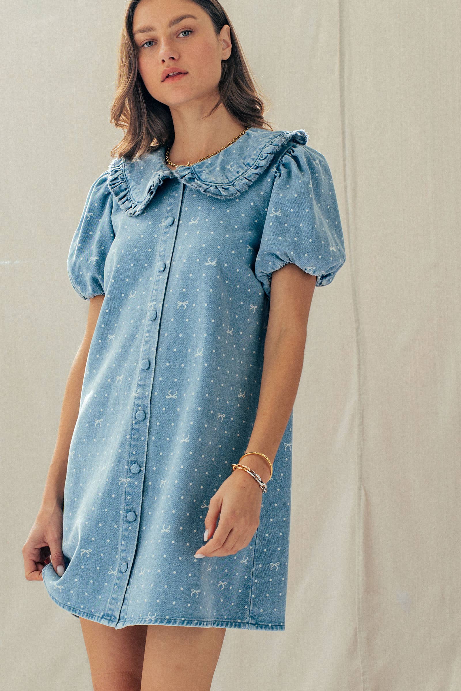 Bow Print Denim Mini Dress Ruffle Collar