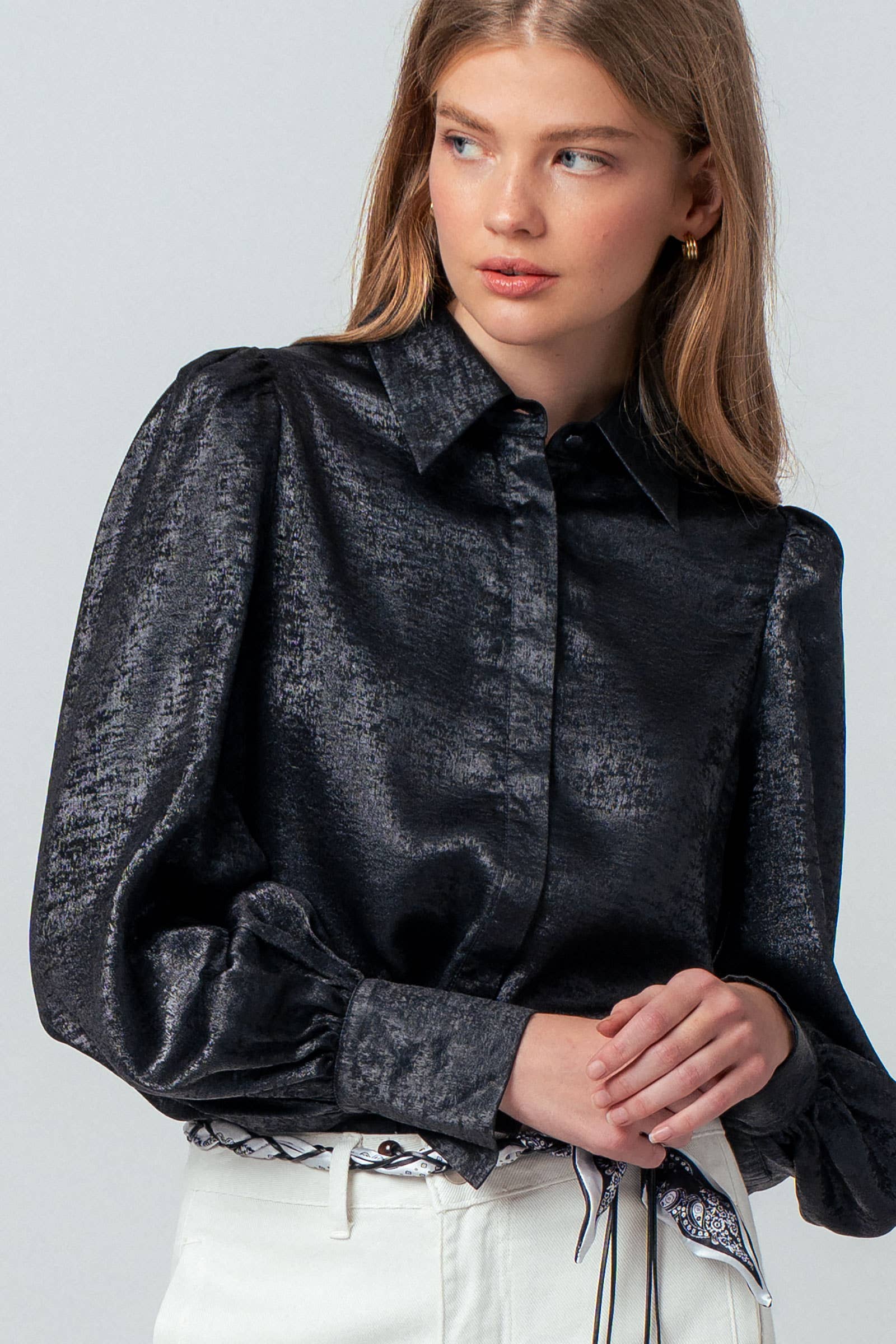 Metallic Billowy Sleeve Button Down Blouse