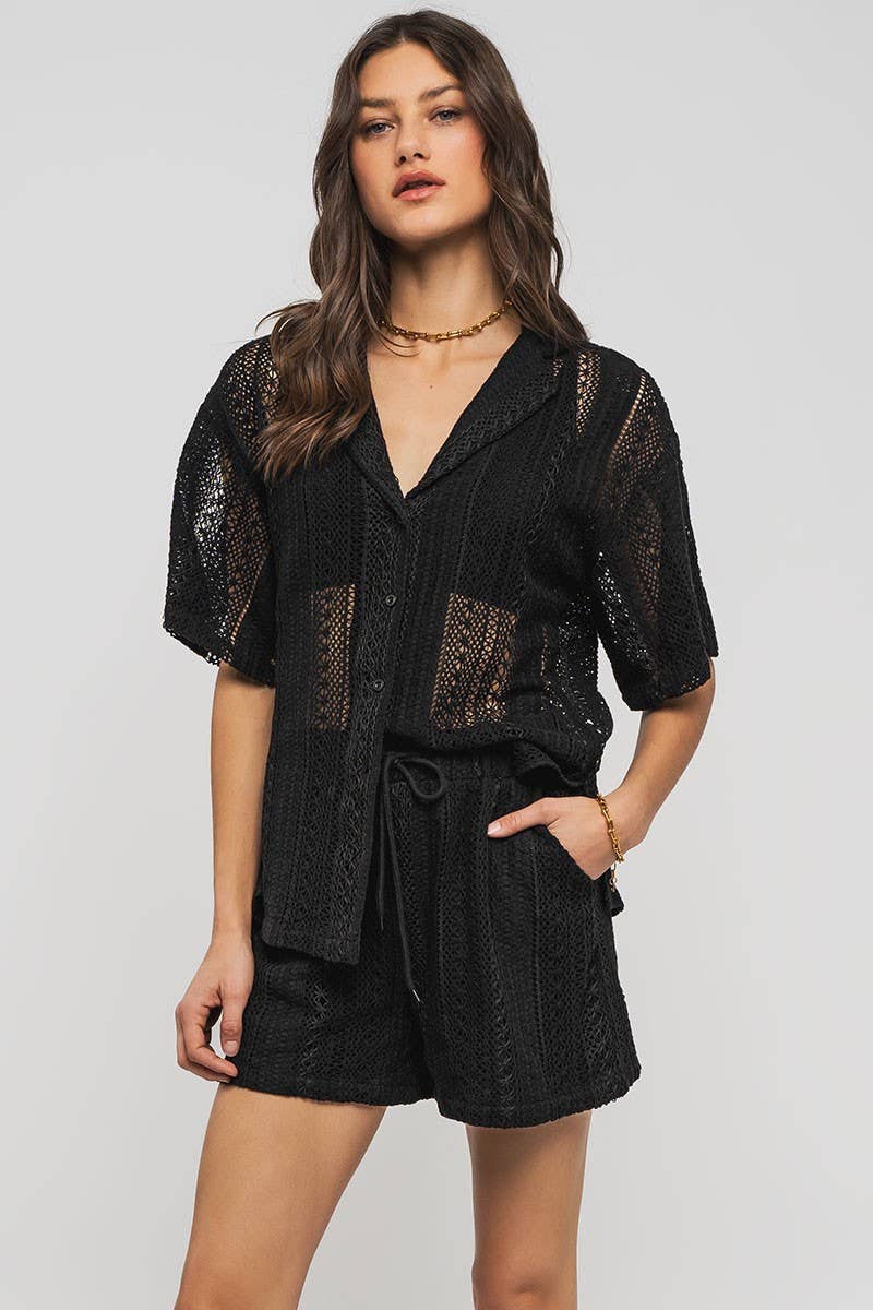 Urban Daizy Open Knit Button-Down Oversized Shirt Black Button Down Shirt - Women's (UDZ-TP-00111) – alternate view 15
