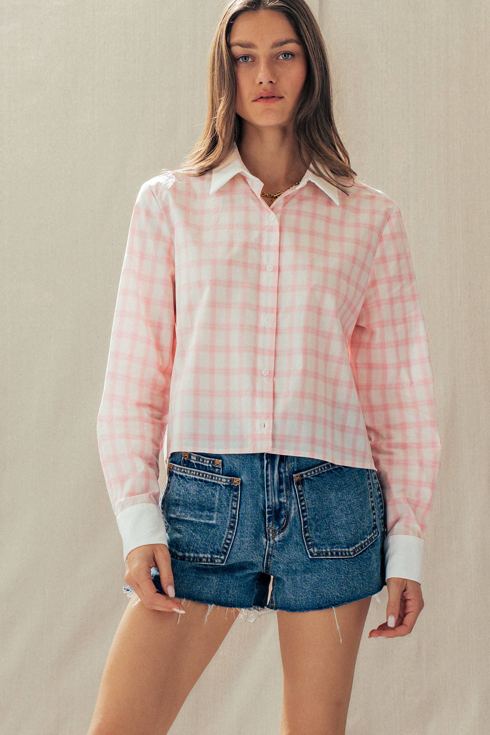 Contrast Collar Plaid Button Front Shirt