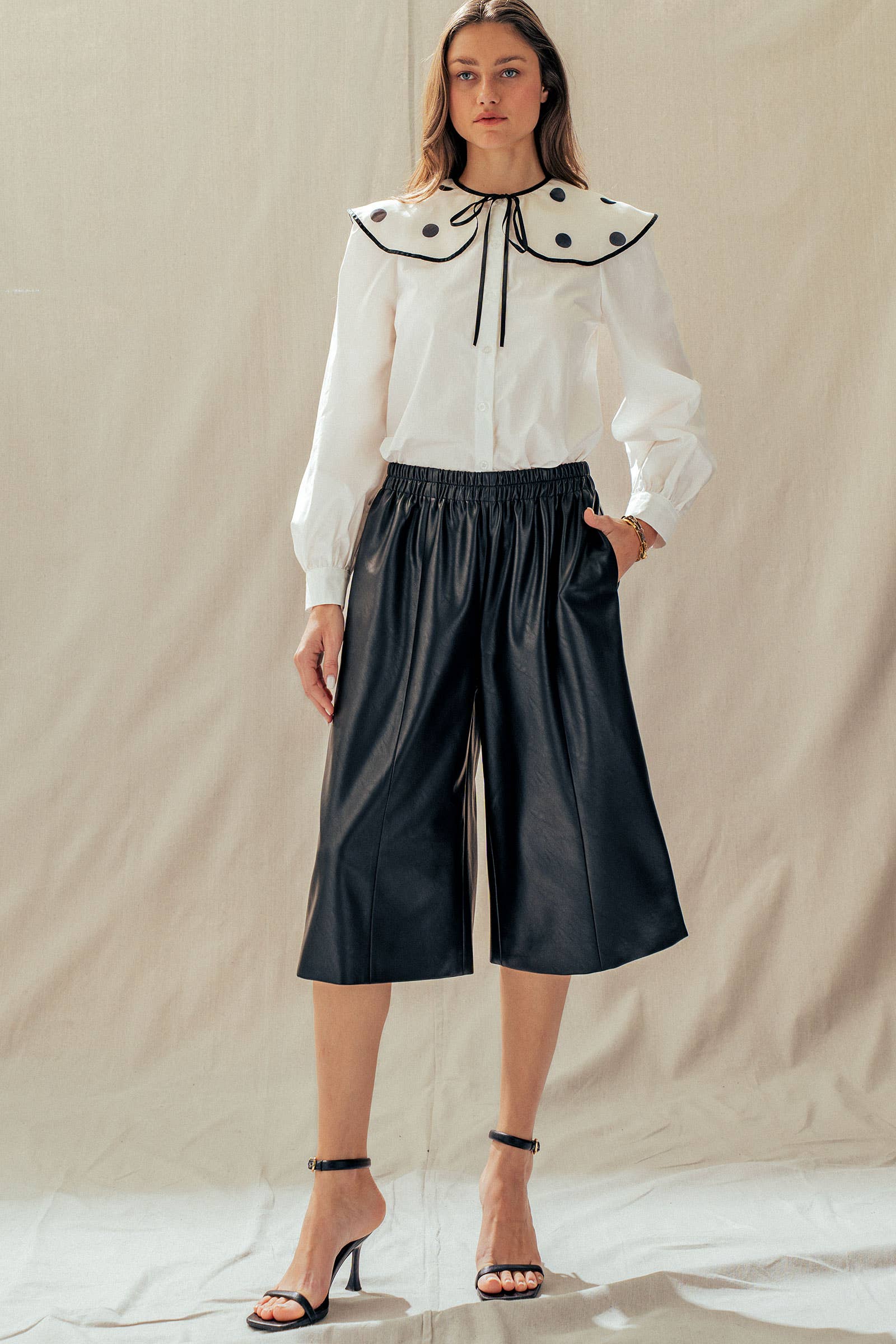 Urban Daizy Black Faux Leather Wide Leg Culotte Pants Black Pants - Women's (UDZ-PT-00490) – alternate view 4