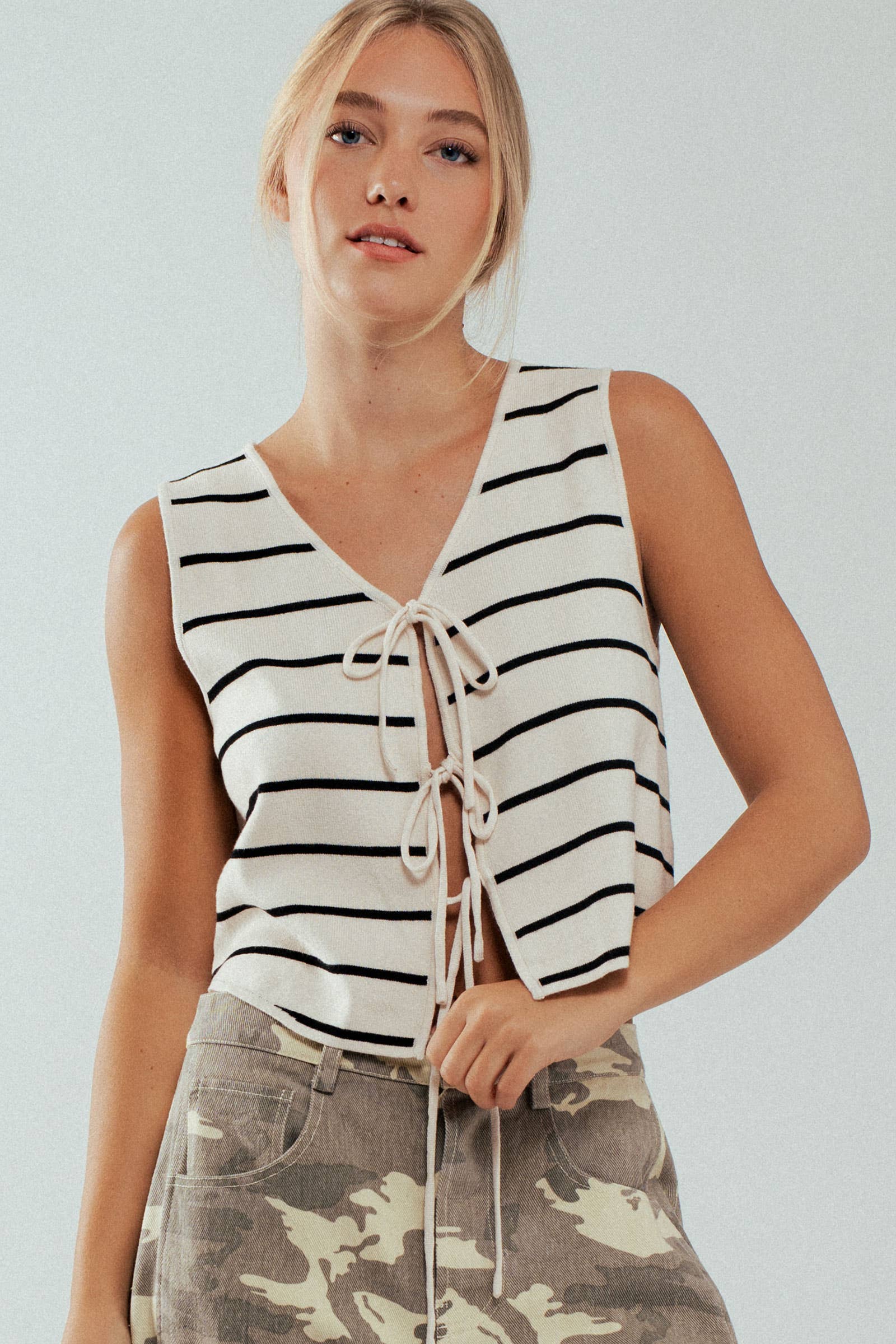 Urban Daizy Striped Tie-Front Cropped Knit Top Black White Knit Top - Women's (UDZ-TP-00750) – alternate view 7