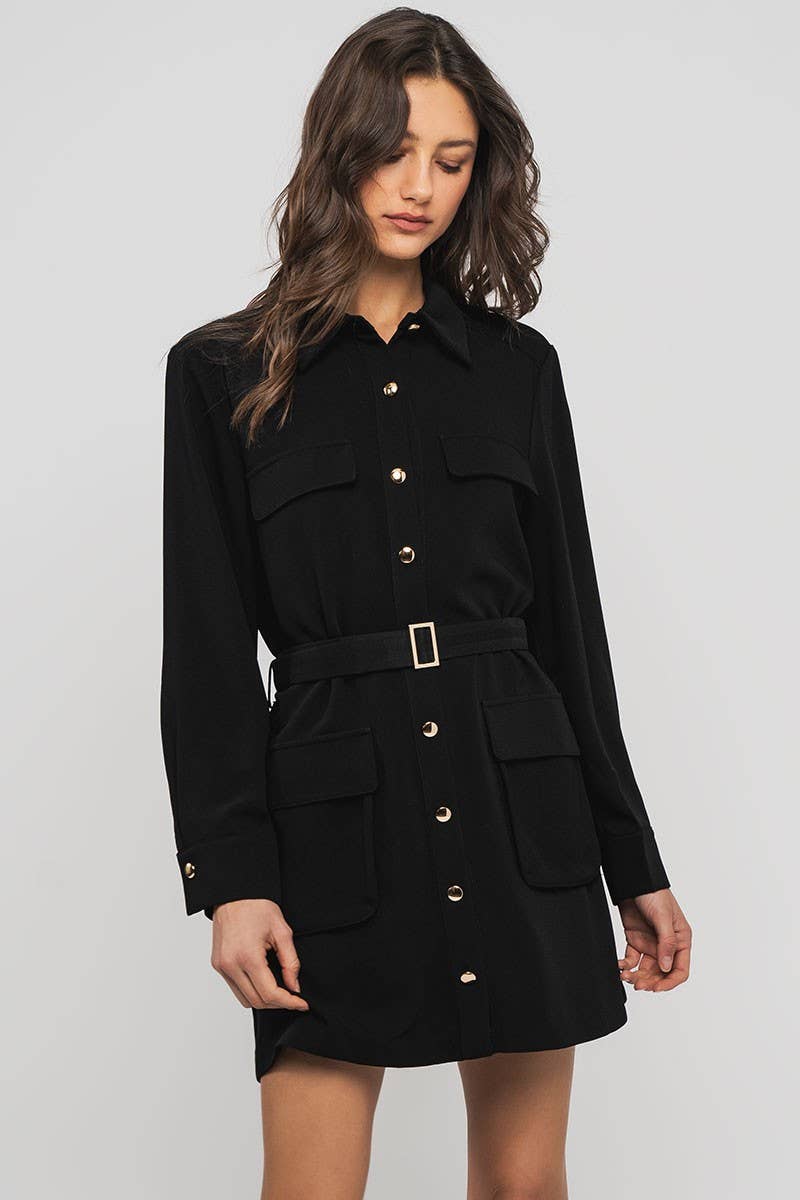 Urban Daizy Gentle Whisper Belted Long Sleeve Mini Shirt Dress Black Dress - Women's (UDZ-DR-00353) – alternate view 7