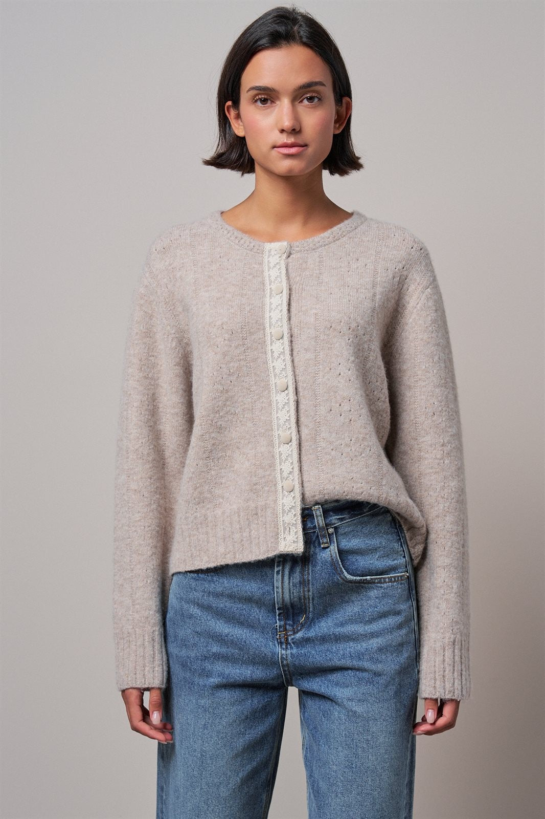 Elegant Wool Blend Cardigan with Lace Trim Detail in MOCHA - Women's Cardigans & Shrugs | Urban Daizy