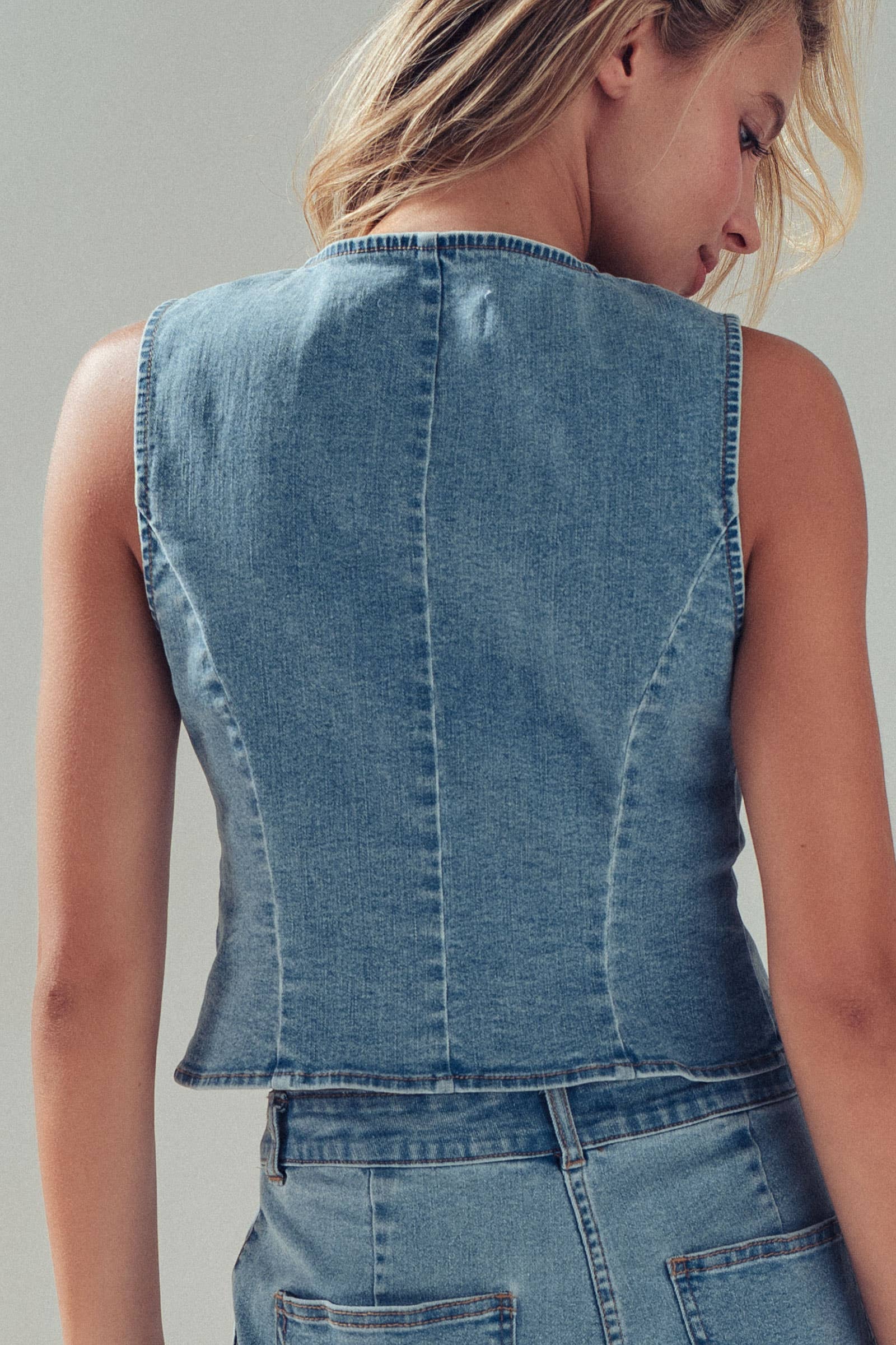 Fitted Gold Button Front Denim Vest