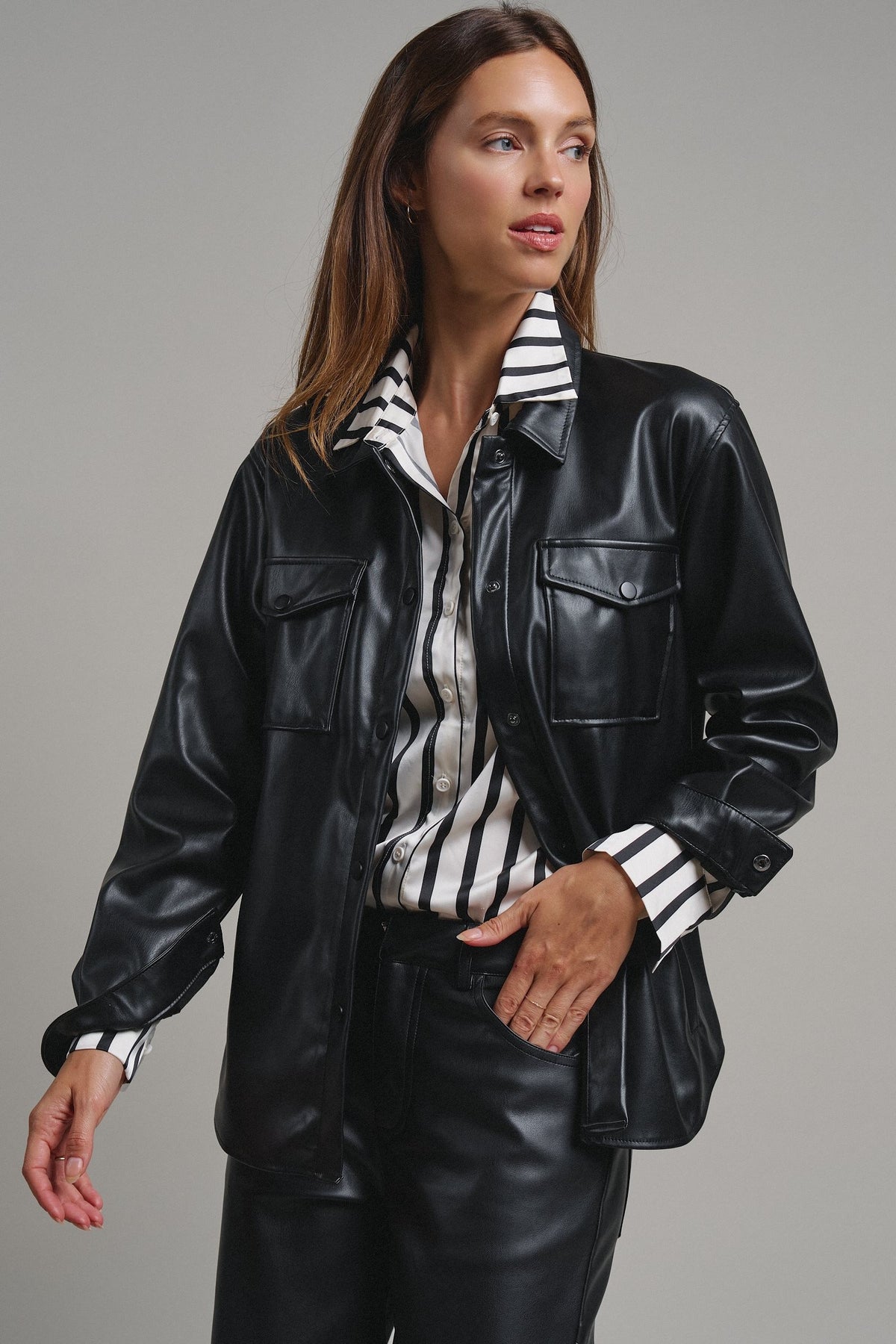 Faux Leather Pocket Shirt with Snap Closure