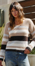 Cabin Stripe V Neck Sweater in TAUPE	 - Women's Sweaters | Urban Daizy