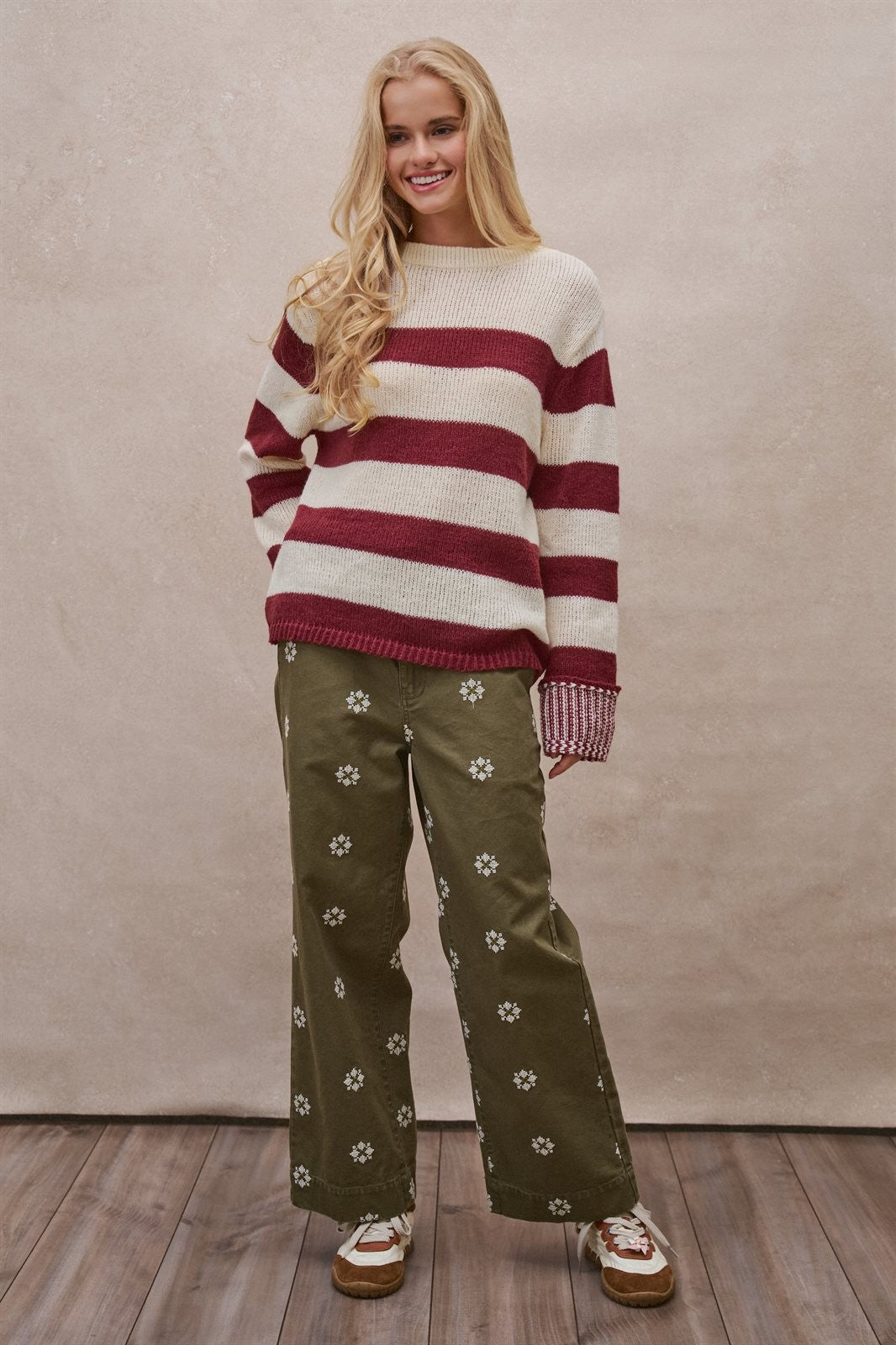 Striped Oversized Chunky Knit Sweater in BURGUNDY - Women's Sweaters | Urban Daizy