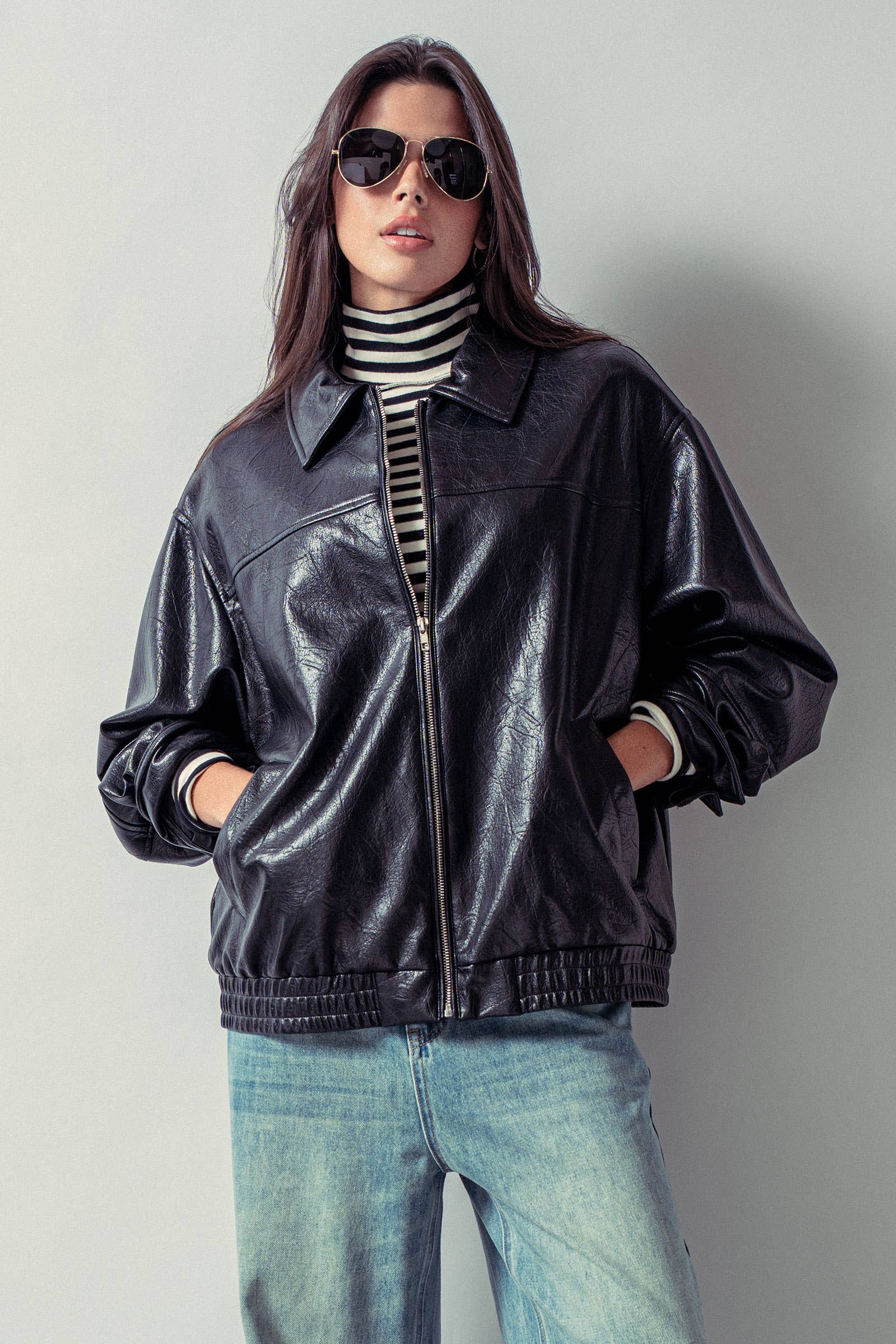Relaxed Faux Leather Zip-Up Statement Jacket